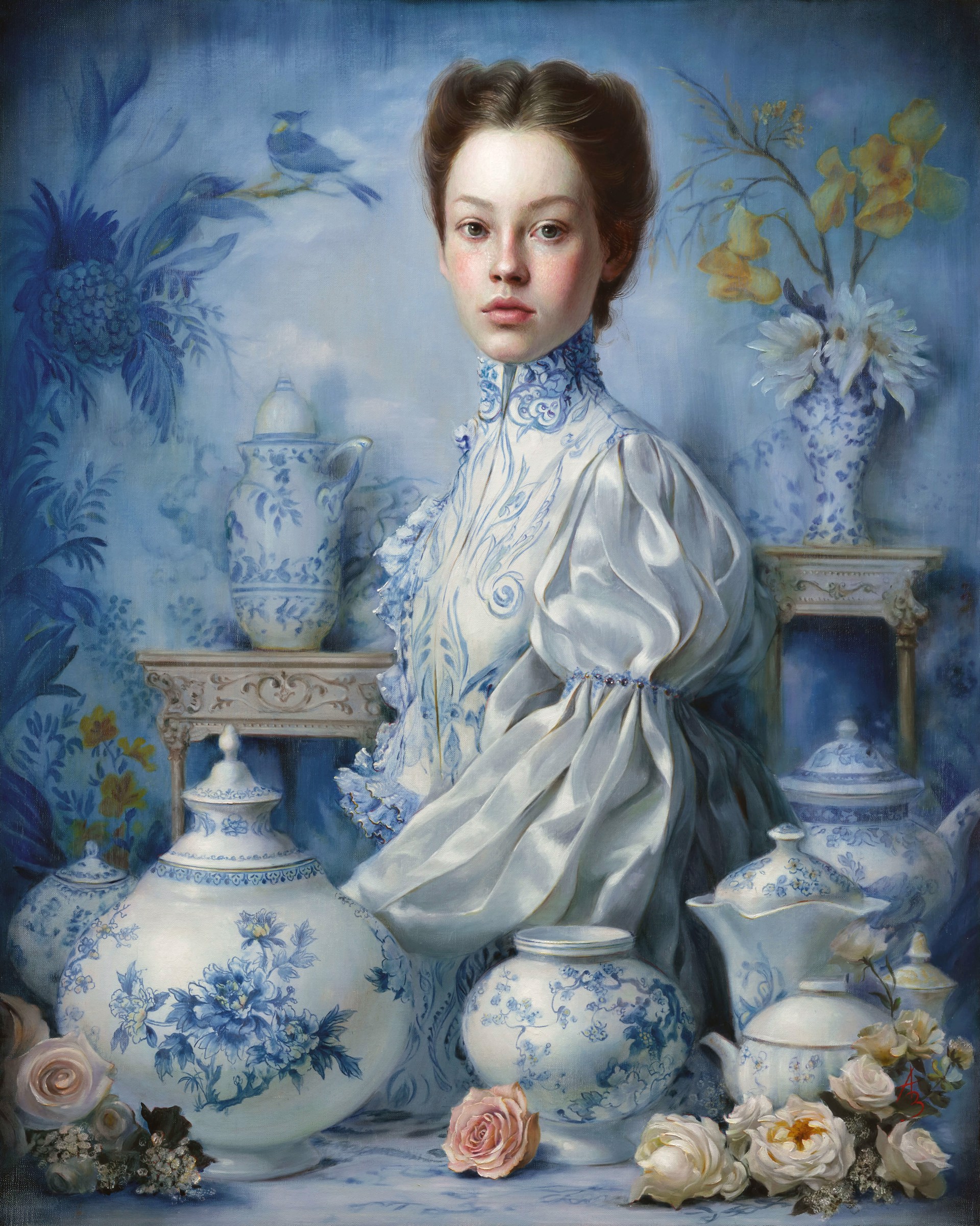 A classical portrait of a figure in blue and white porcelain attire surrounded by matching ceramic vessels.