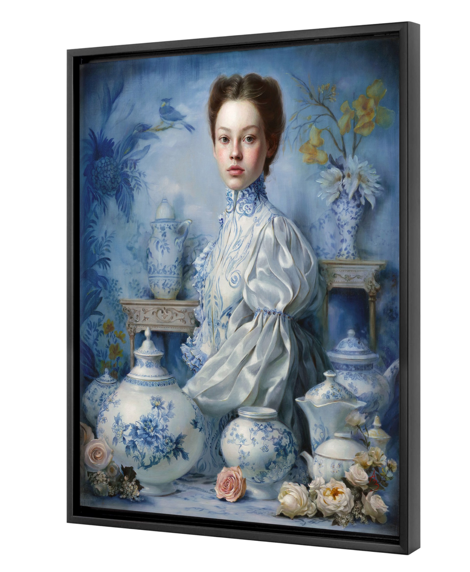 A classical portrait of a figure in blue and white porcelain attire surrounded by matching ceramic vessels.