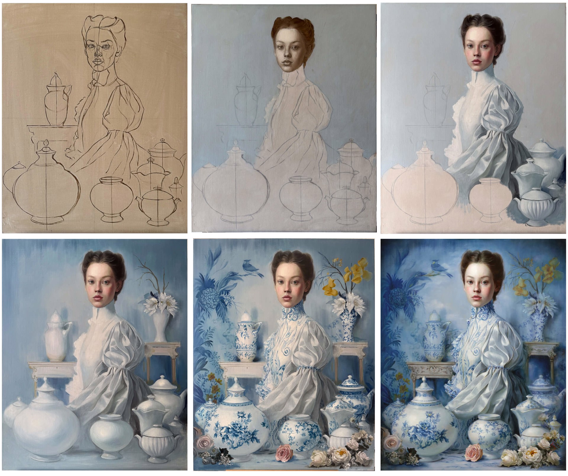 A classical portrait of a figure in blue and white porcelain attire surrounded by matching ceramic vessels.