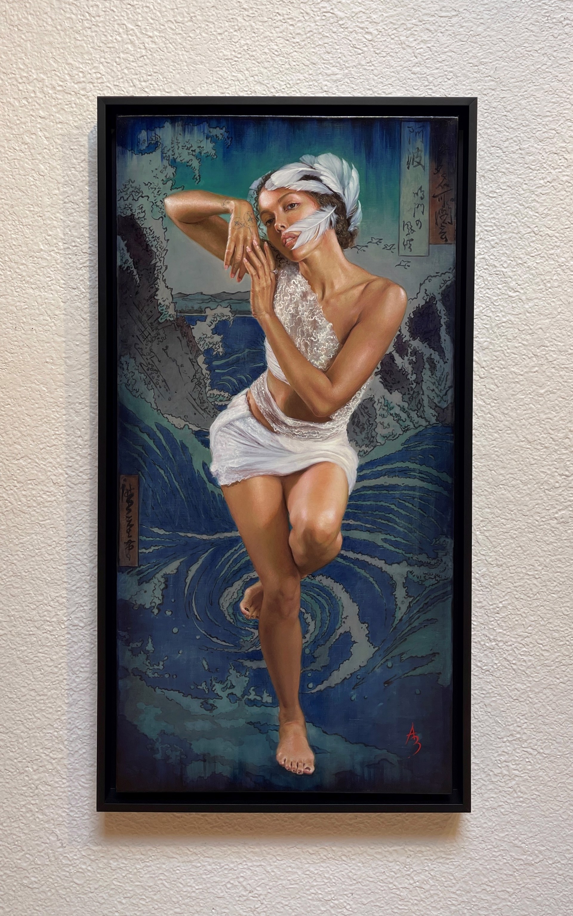 A painting of a woman in a white dress.