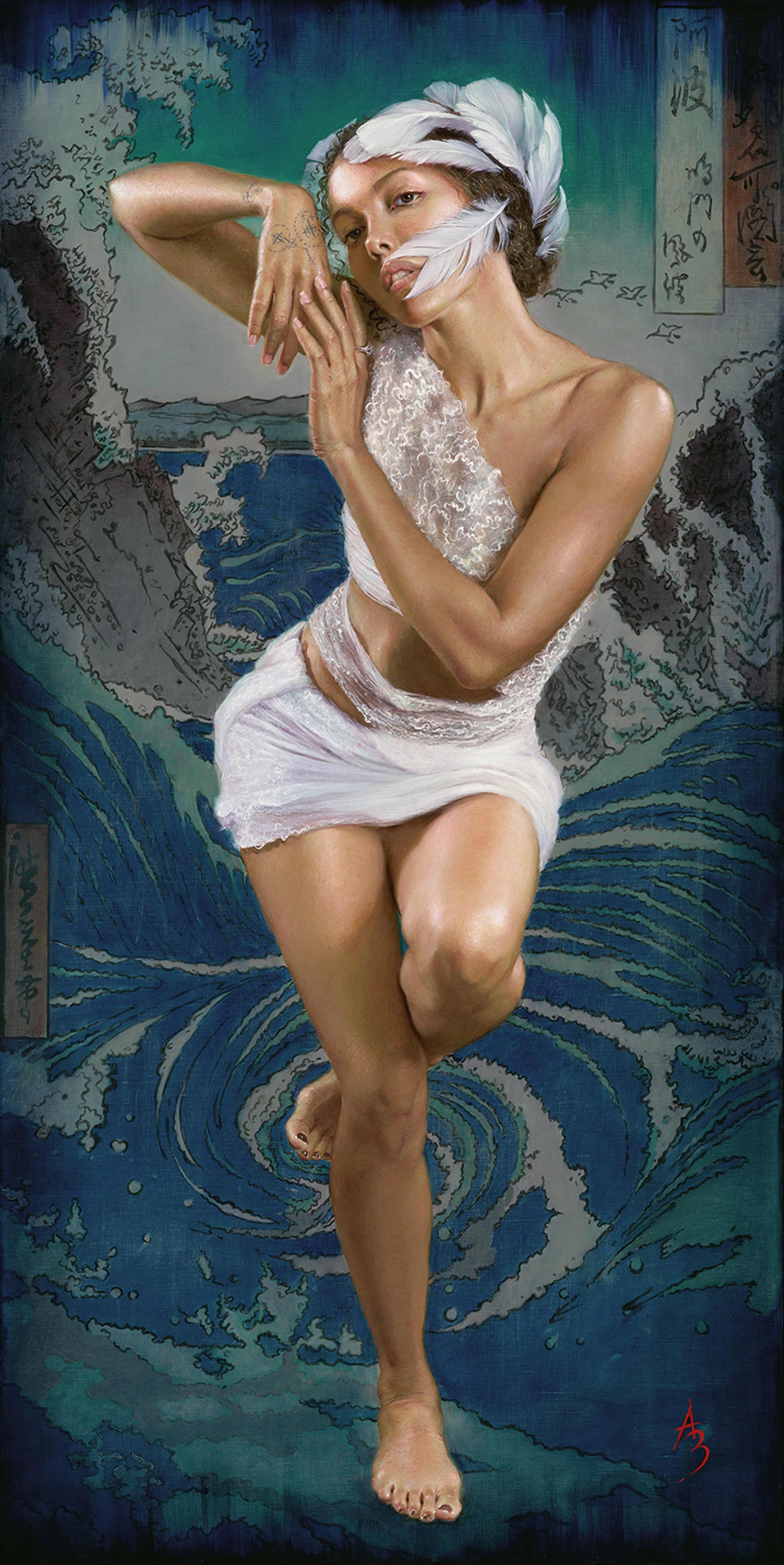 A painting of a woman in a white dress.