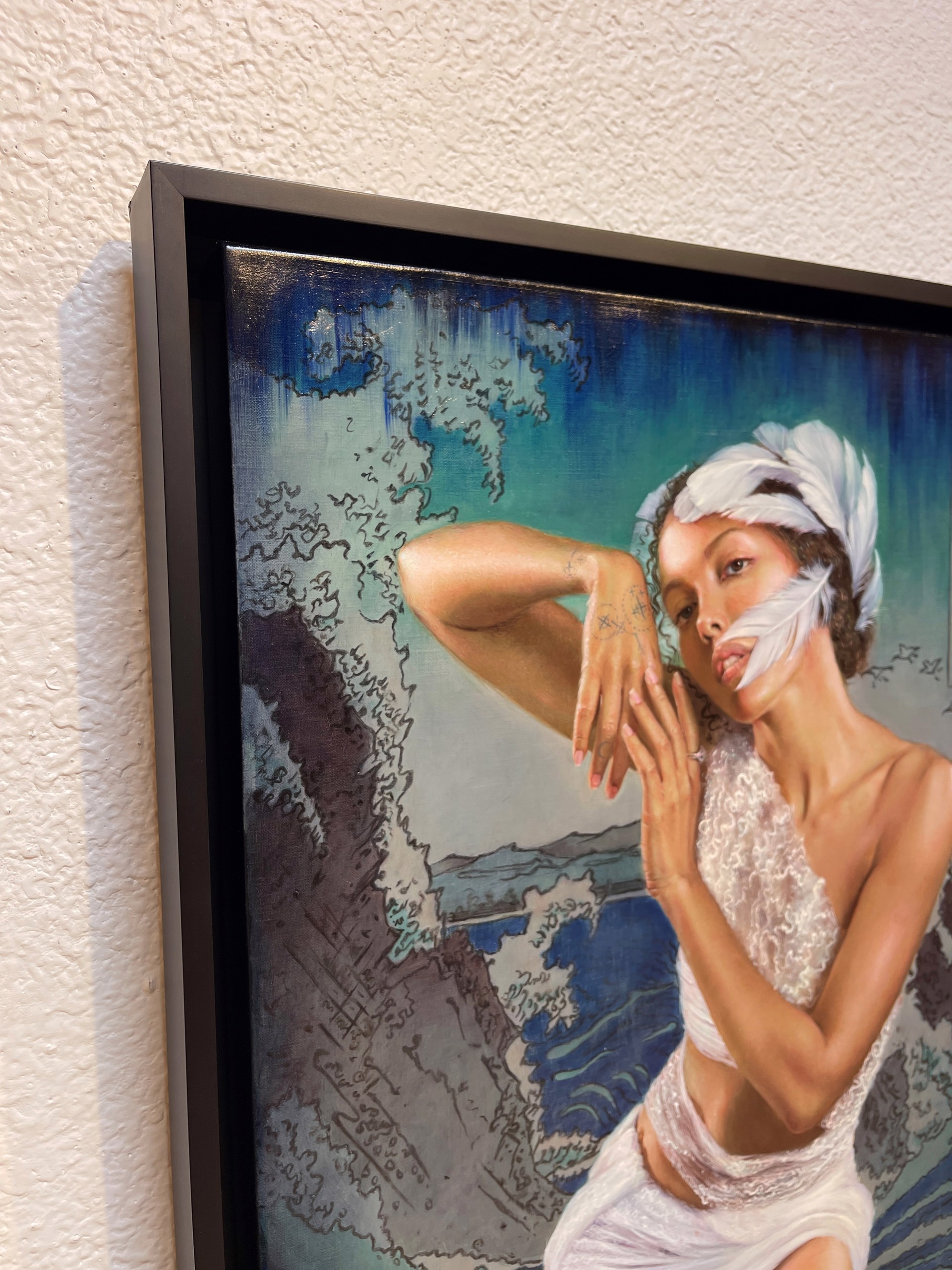 A painting of a woman in a white dress.