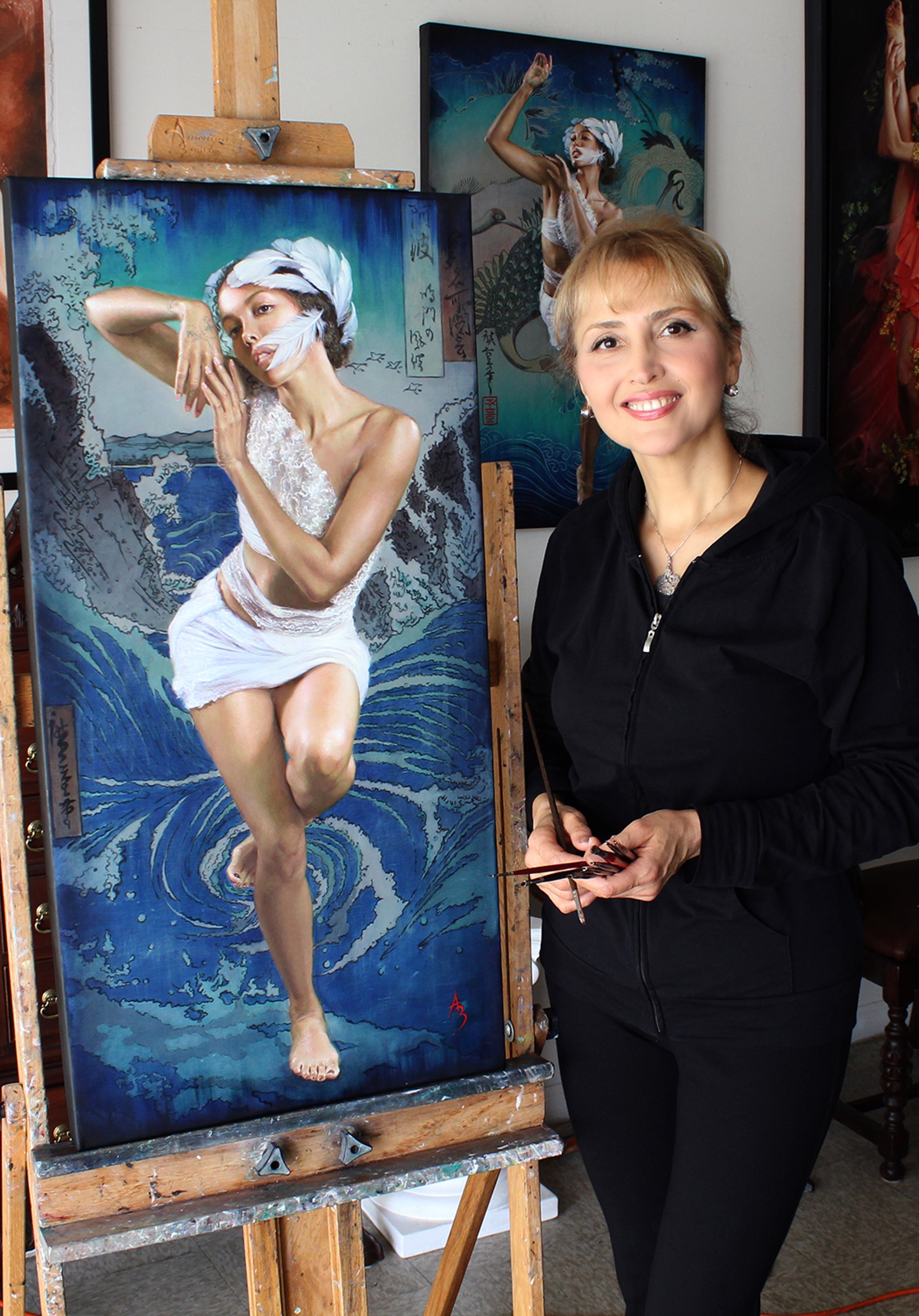 A painting of a woman in a white dress.