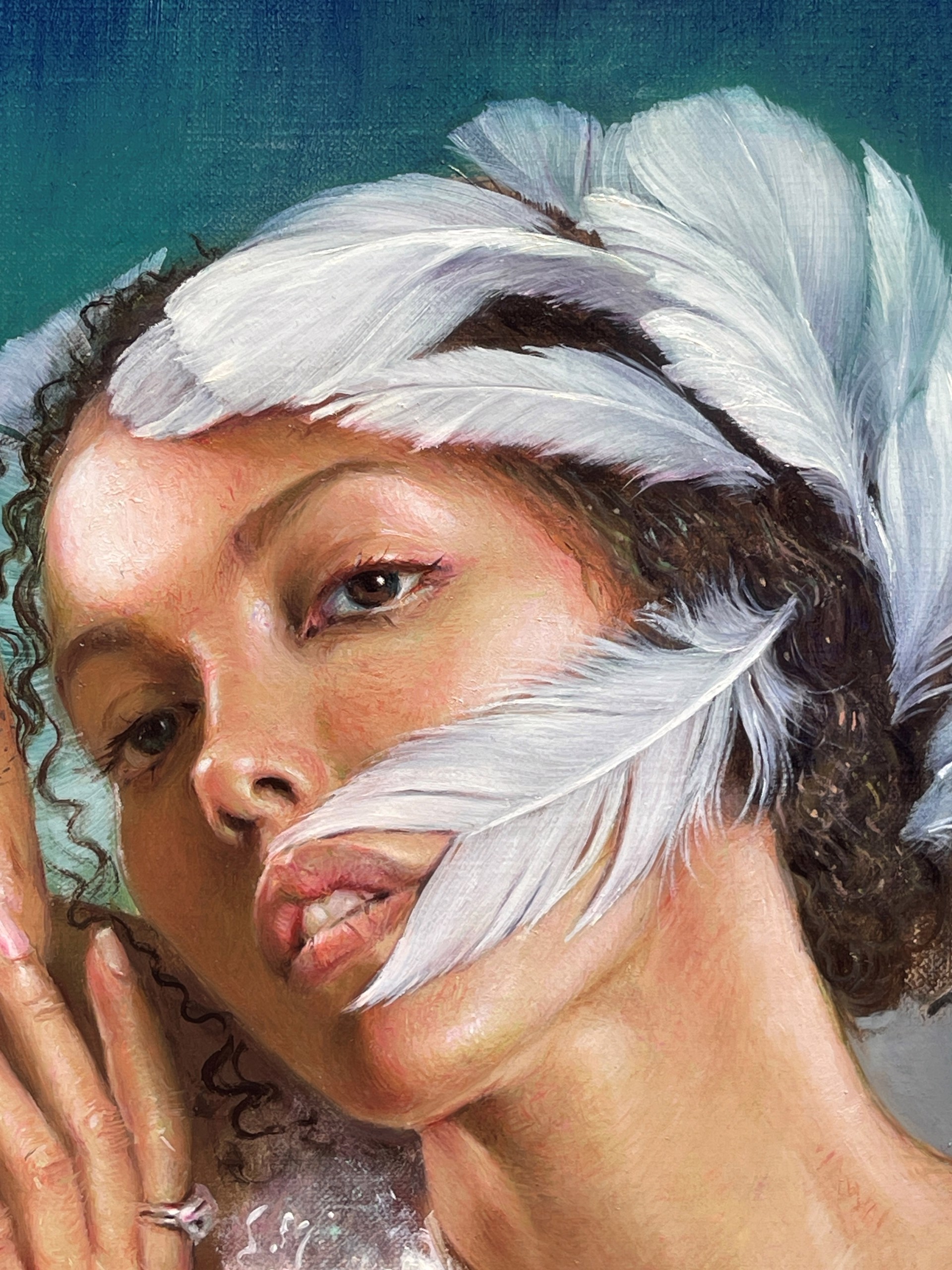 A painting of a woman in a white dress.