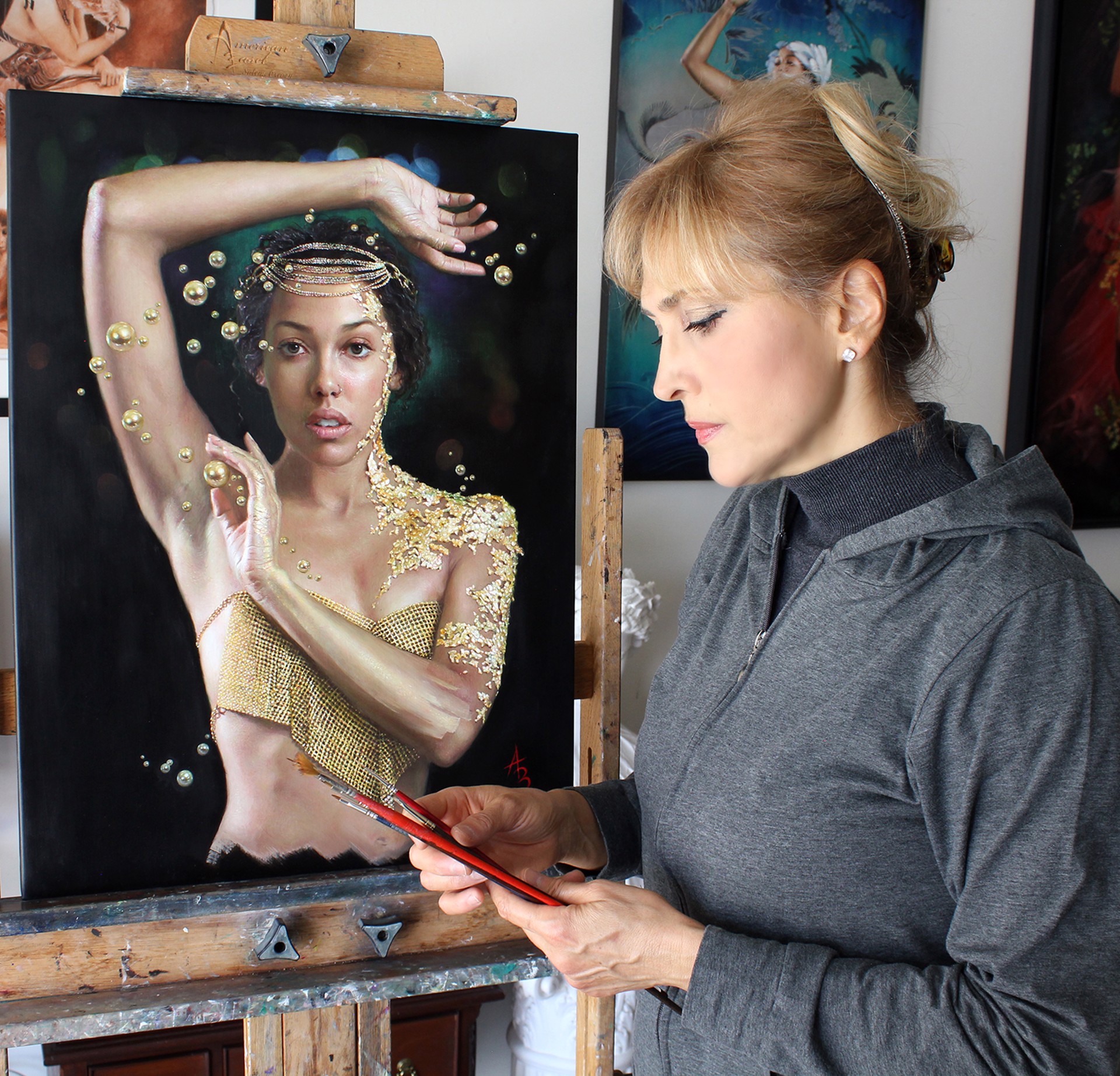 A painting of a woman in a gold outfit with bubbles.