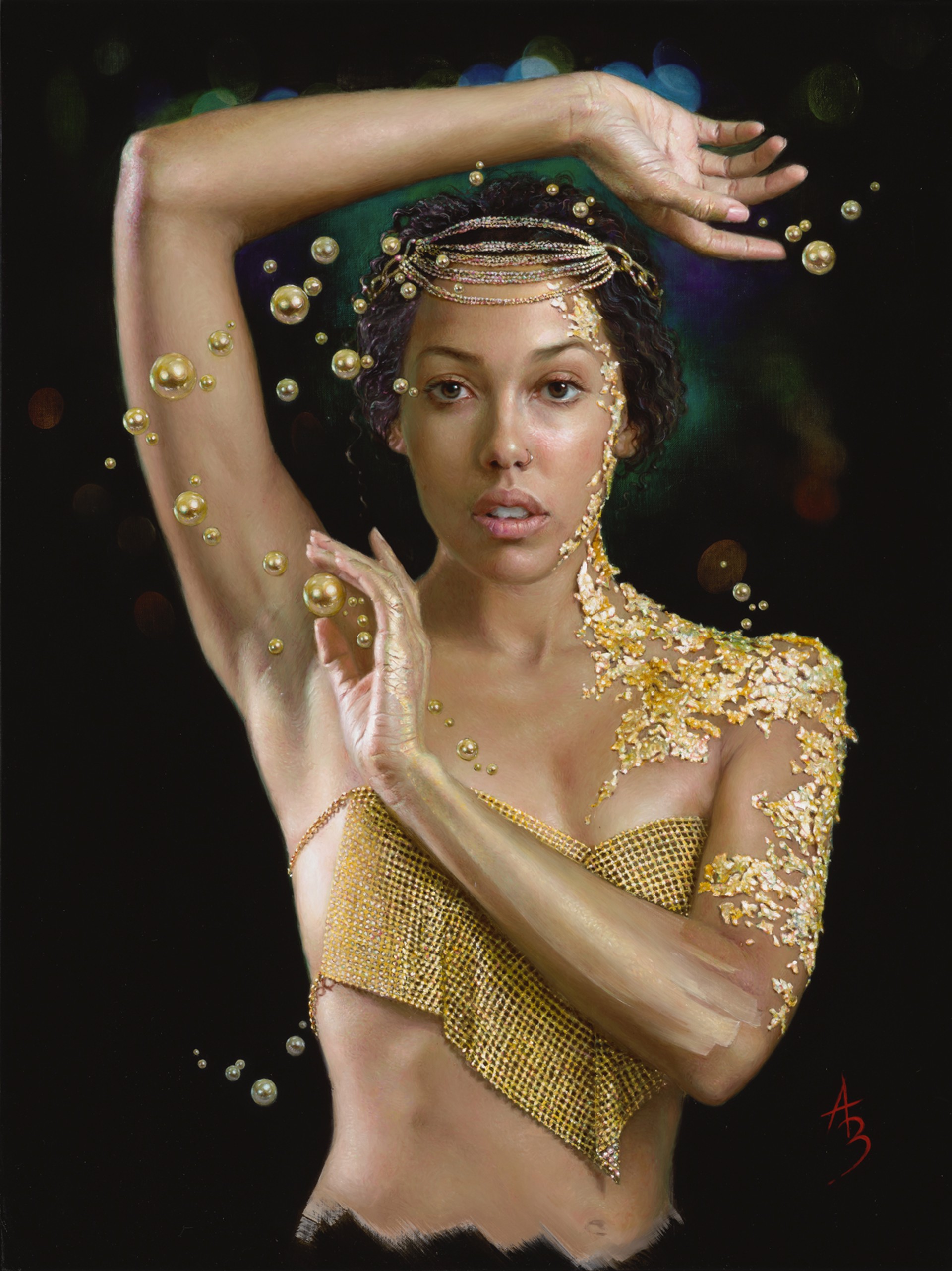A painting of a woman in a gold outfit with bubbles.