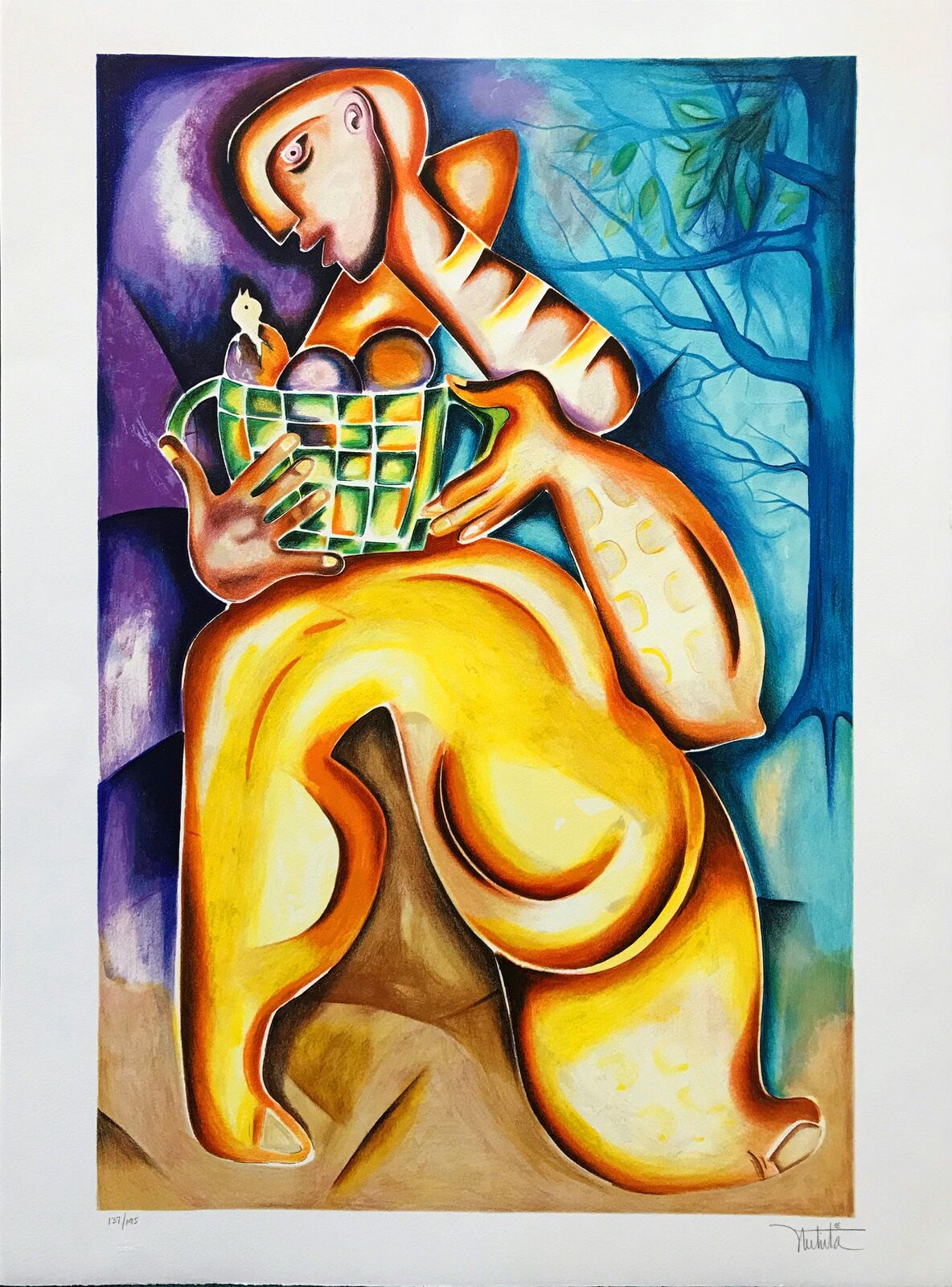 A painting of a woman holding a basket of fruit.