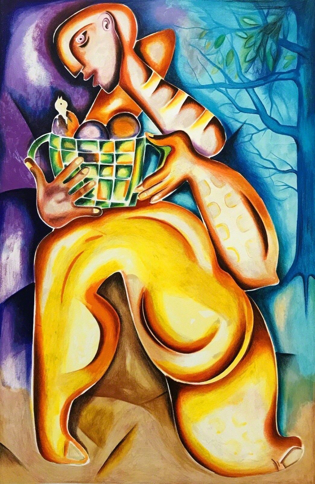 A painting of a woman holding a basket of fruit.