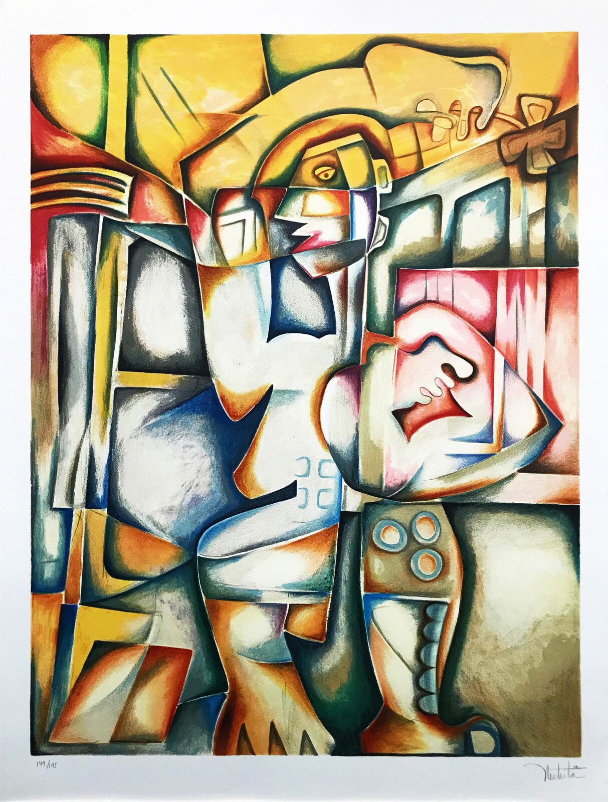 A painting of a man and a woman in a room.