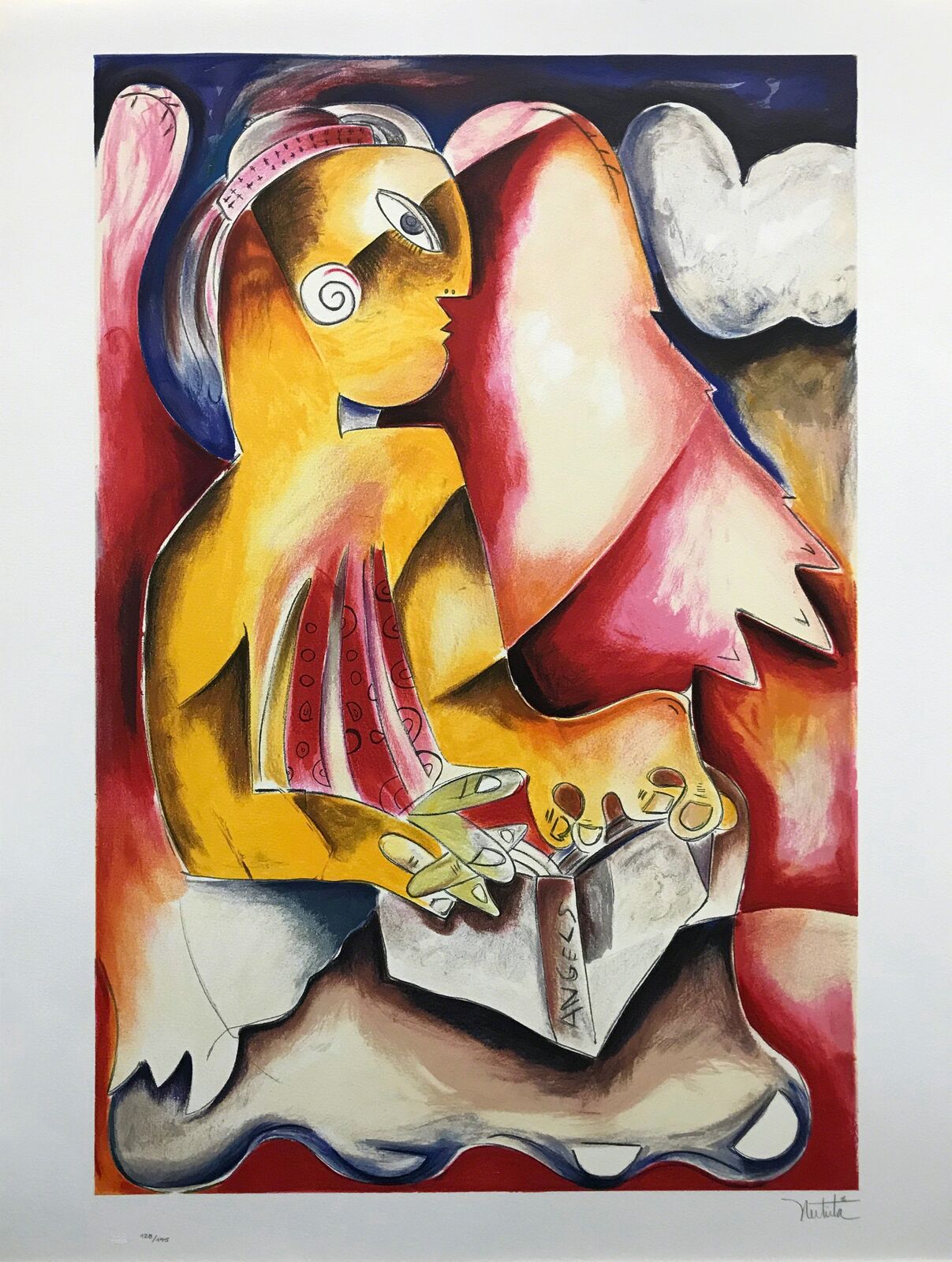 A painting of a woman sitting on a rock reading a book.