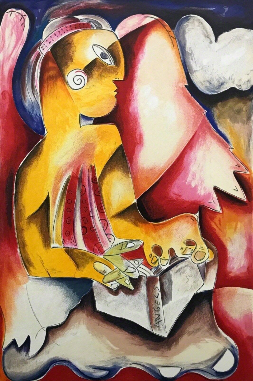 A painting of a woman sitting on a rock reading a book.