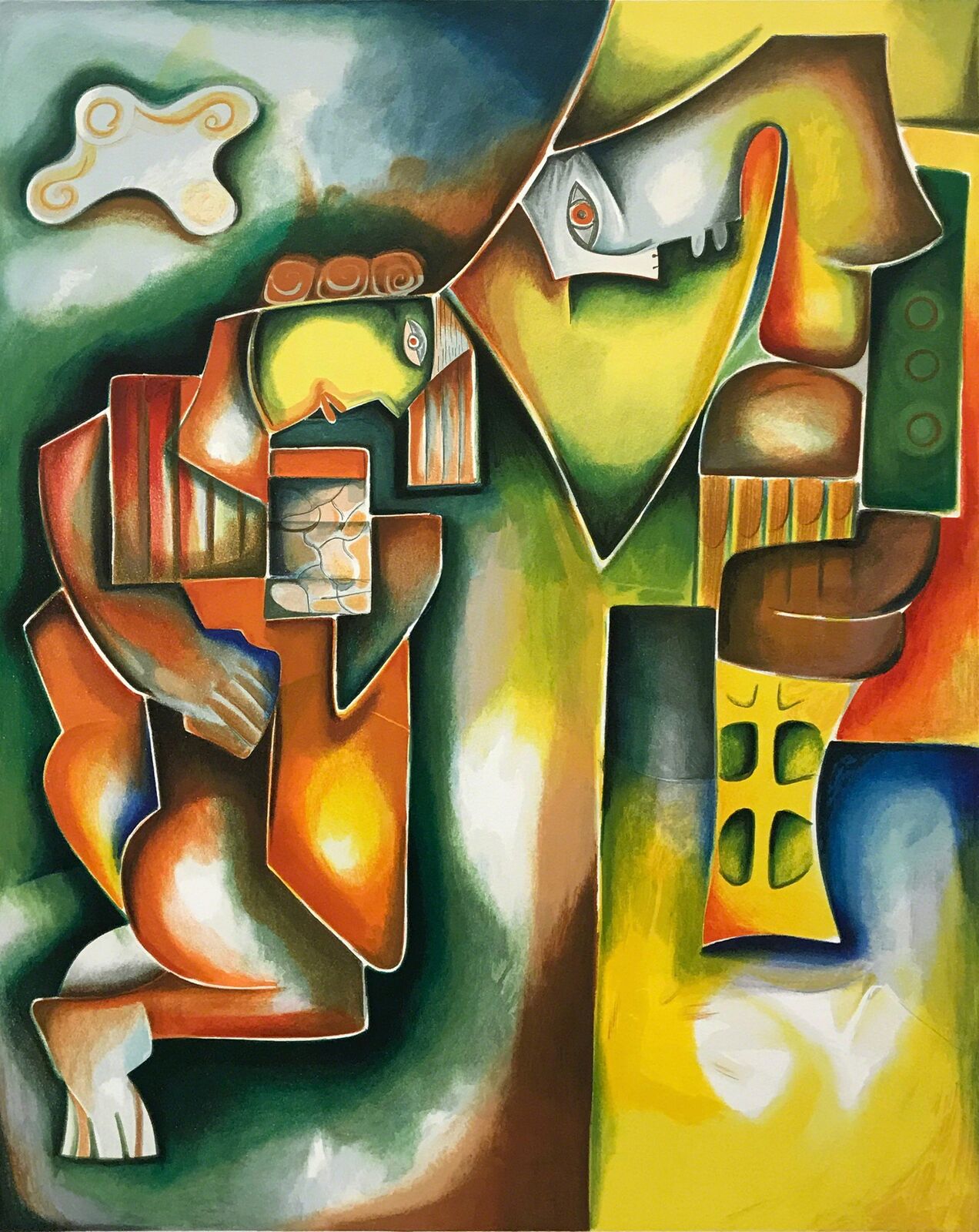 A painting of a man playing a guitar. 