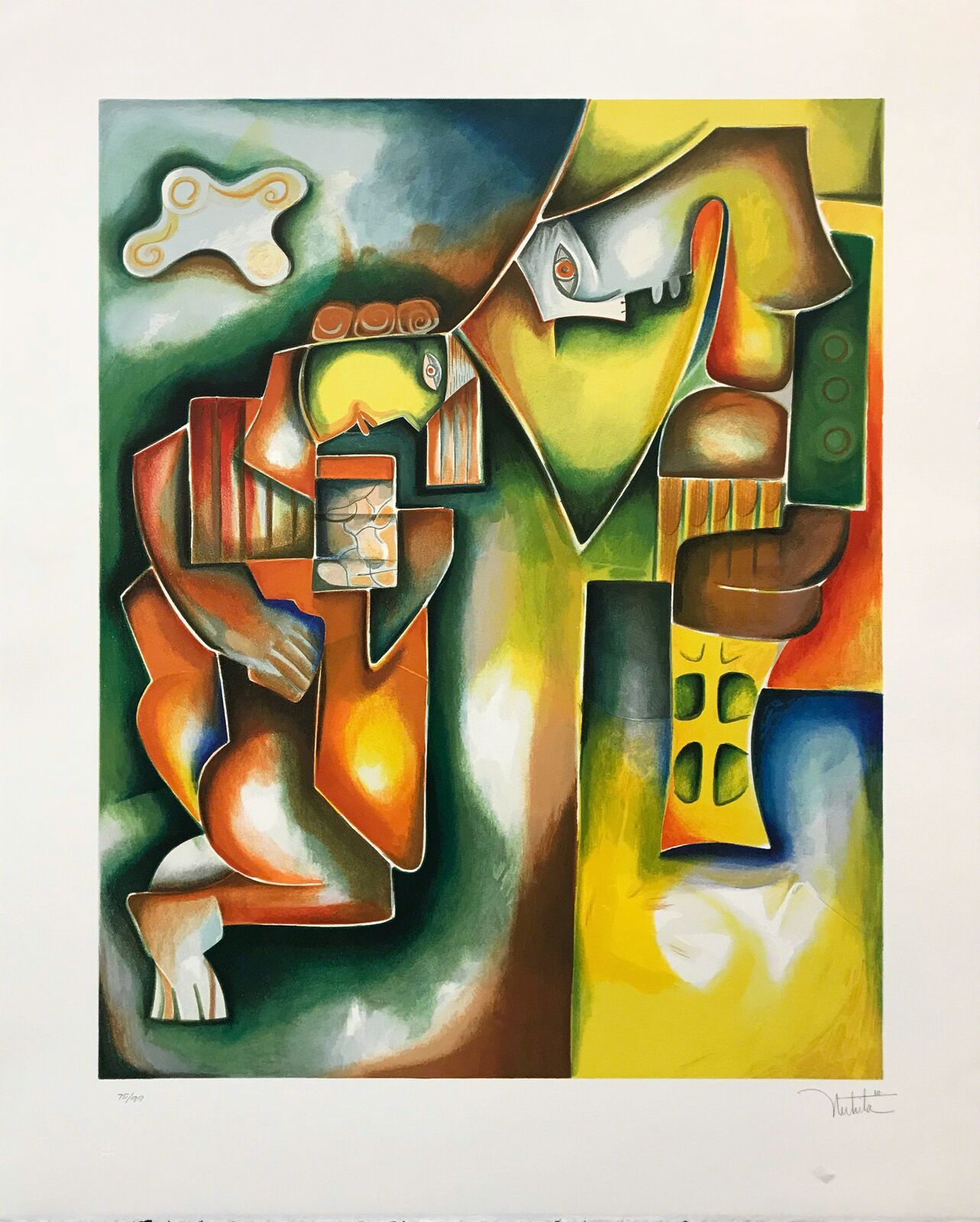 A painting of a man playing a guitar. 