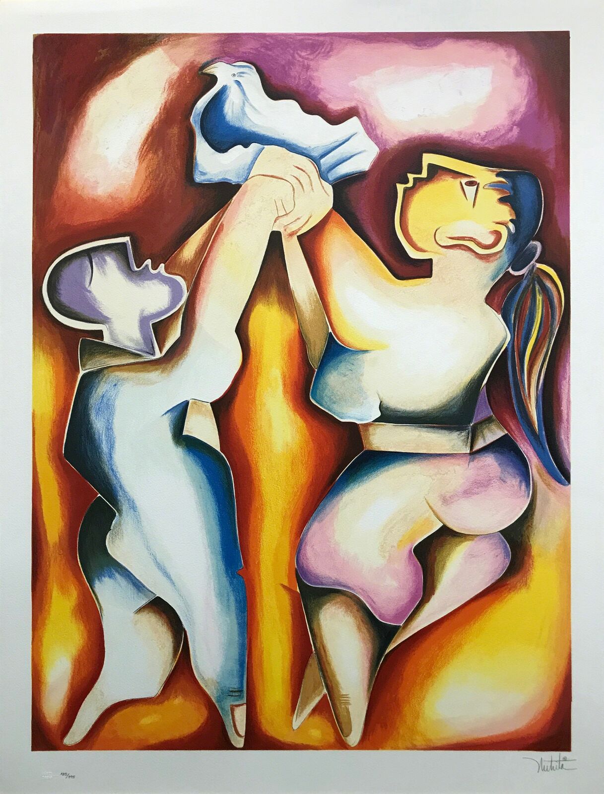 A painting of a woman holding a dove in her hand.