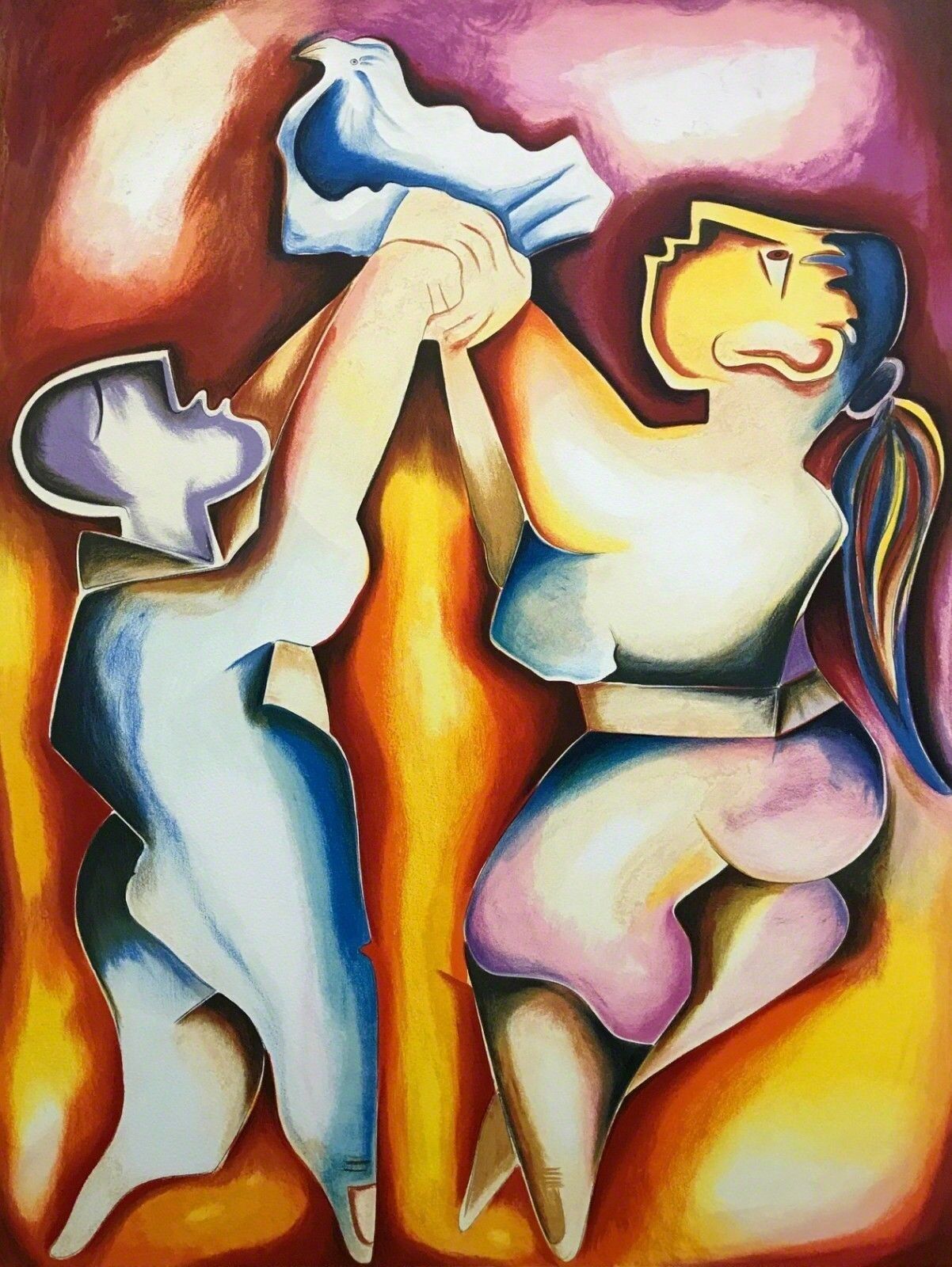 A painting of a woman holding a dove in her hand.