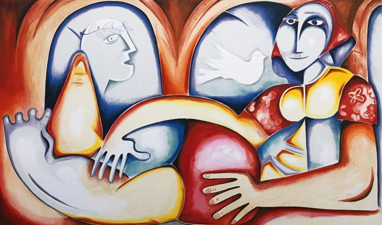 A painting of a woman holding a baby in her arms.