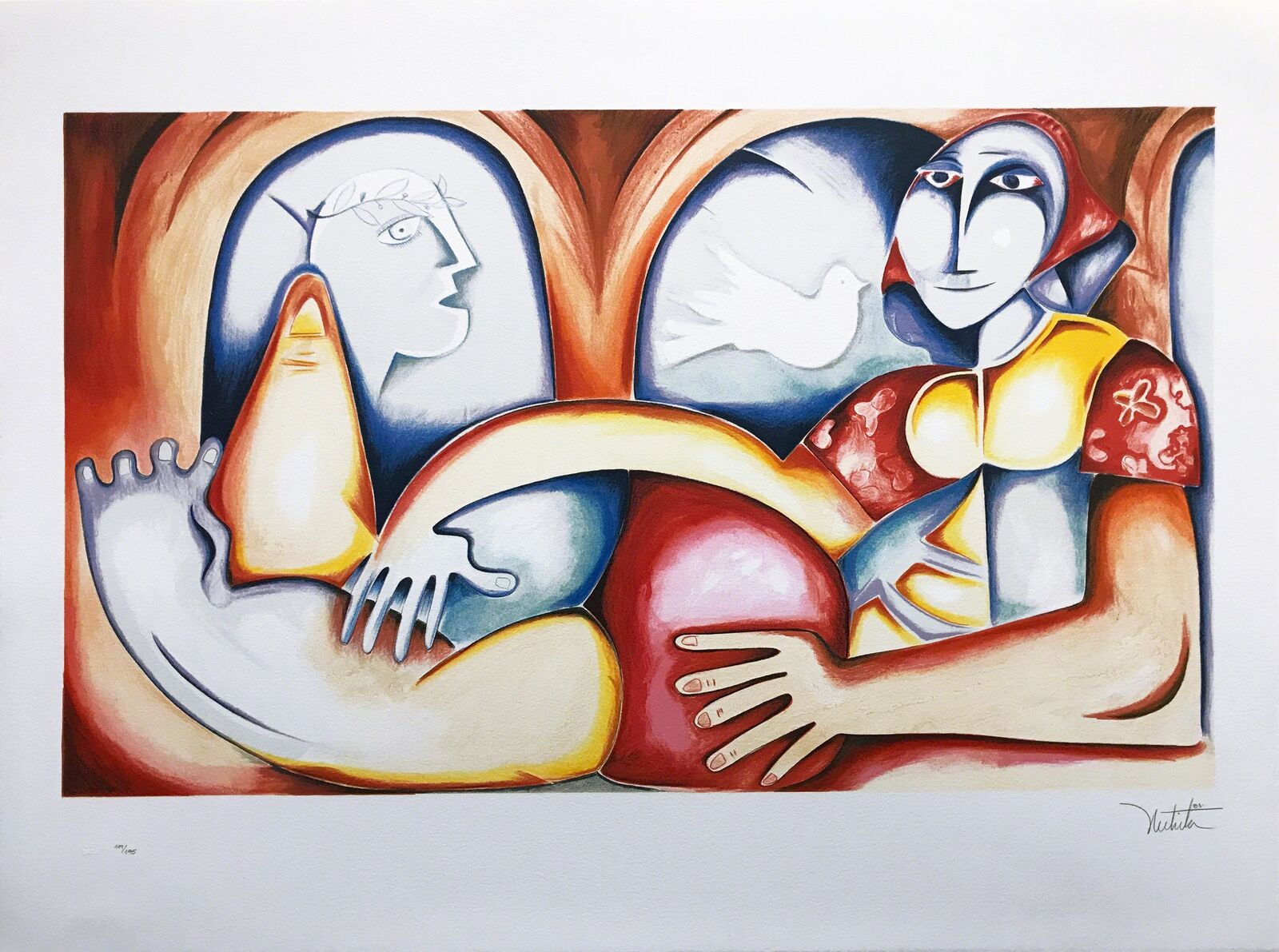 A painting of a woman holding a baby in her arms.