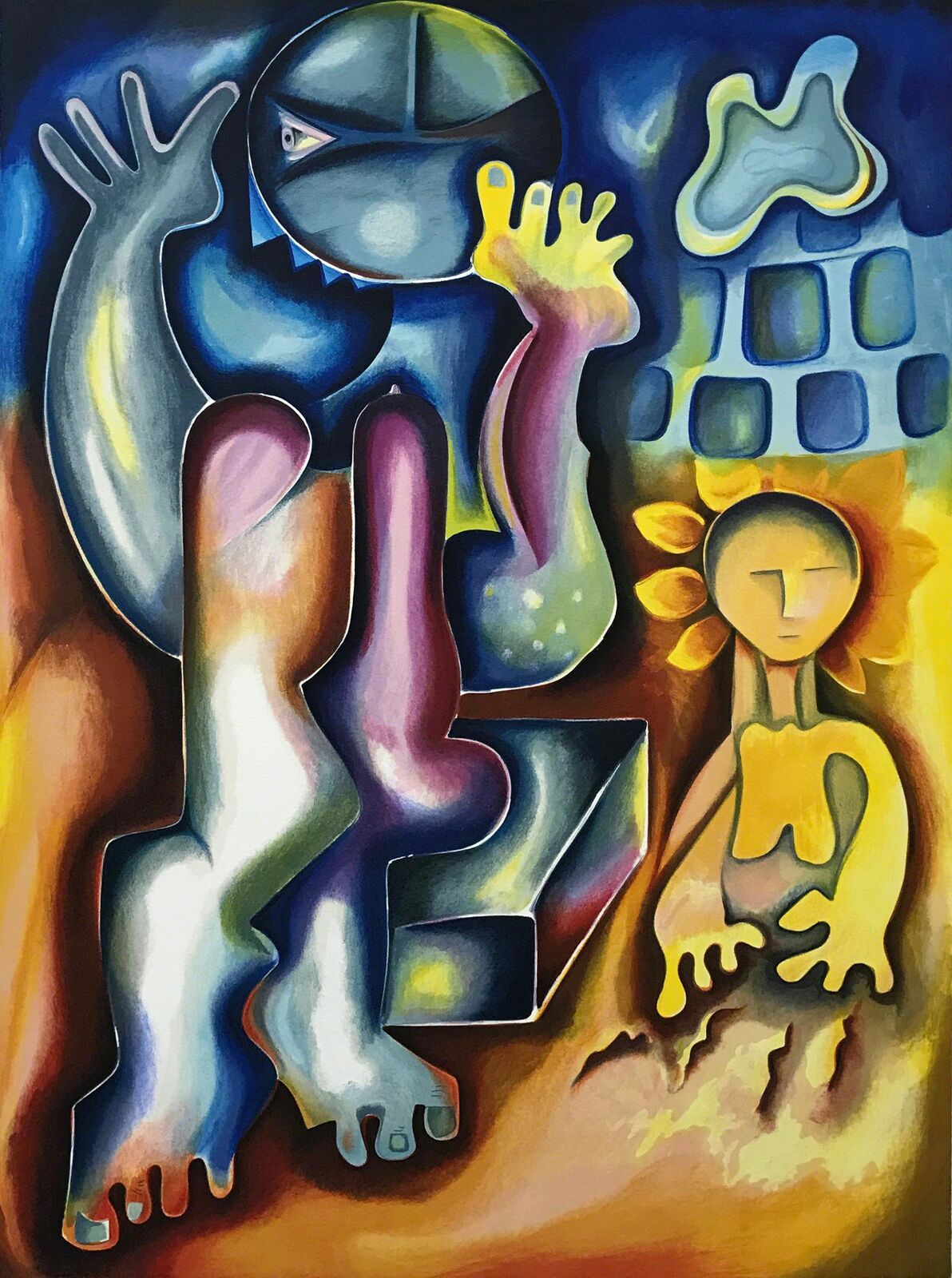 A painting of a man and a woman in front of a building.