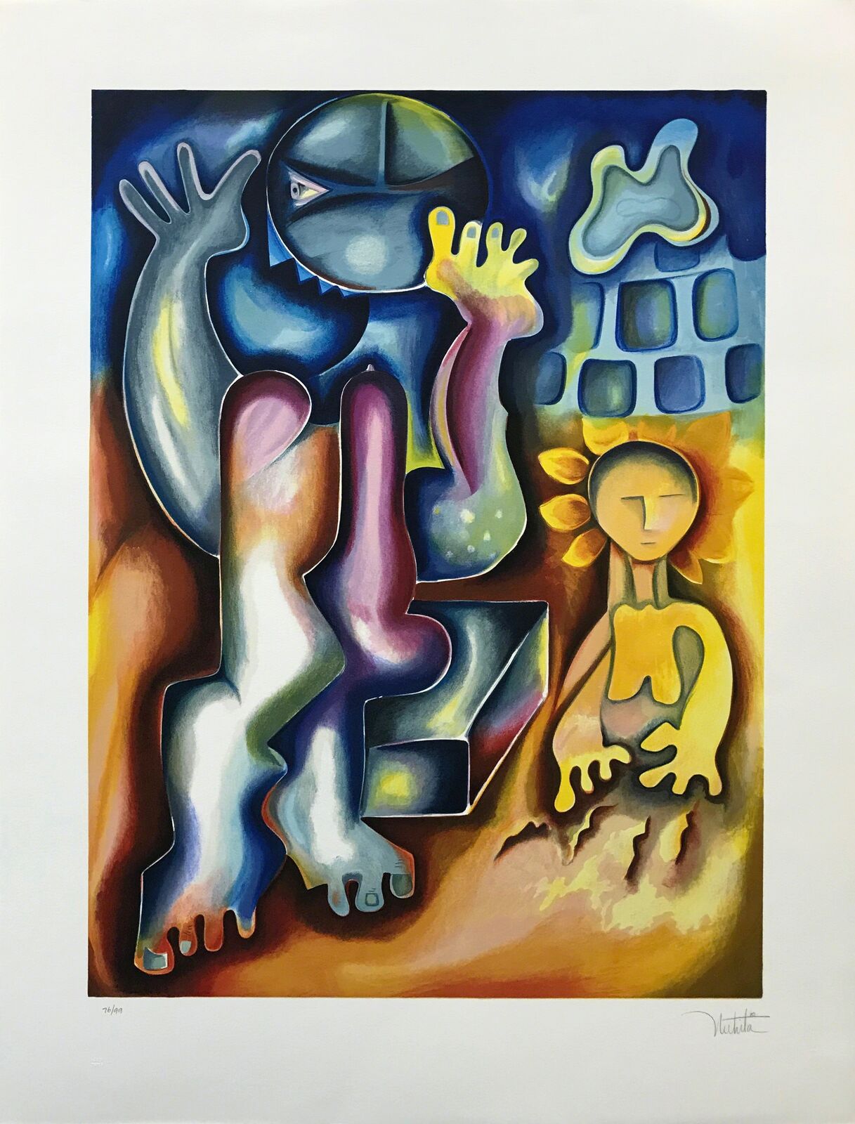 A painting of a man and a woman in front of a building.