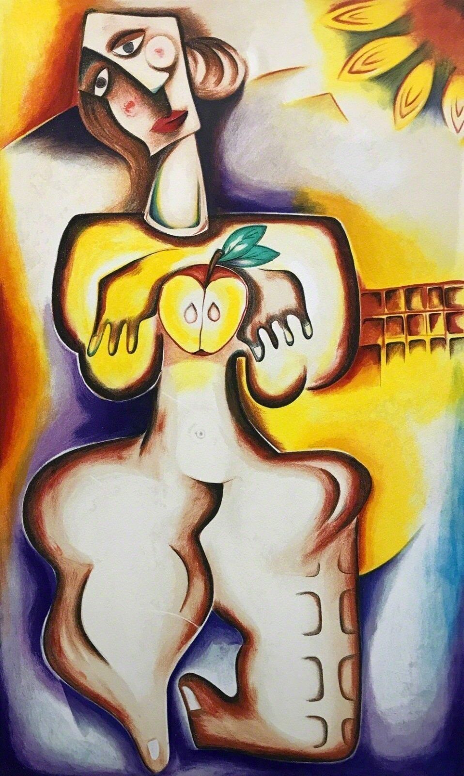 A painting of a woman holding an apple in her hand.