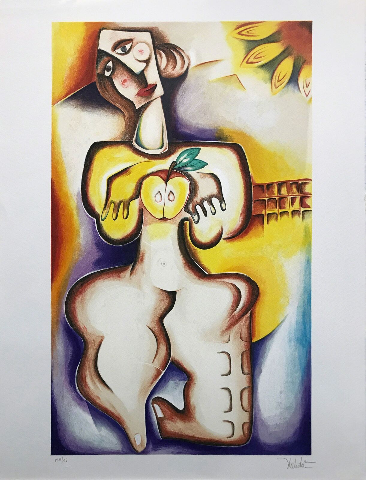 A painting of a woman holding an apple in her hand.