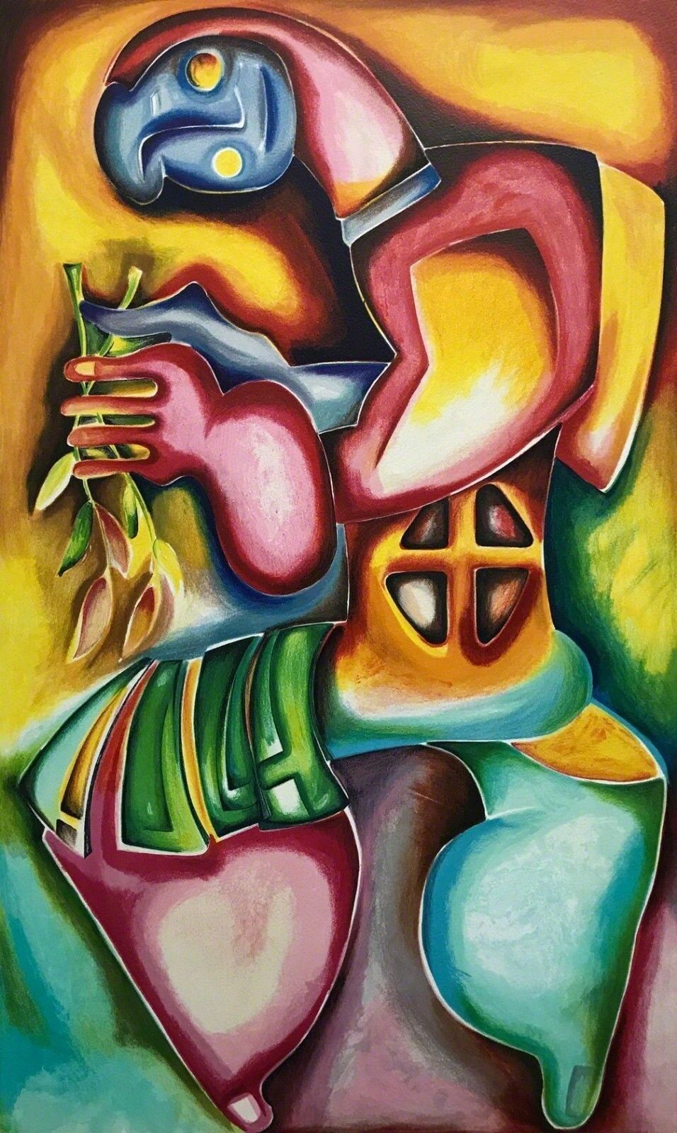 A painting of a woman holding a bird in her hand.