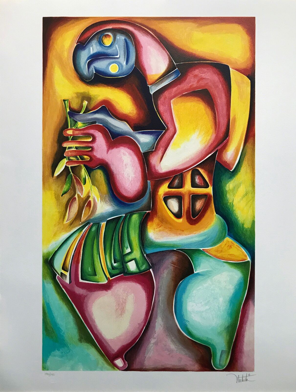 A painting of a woman holding a bird in her hand.