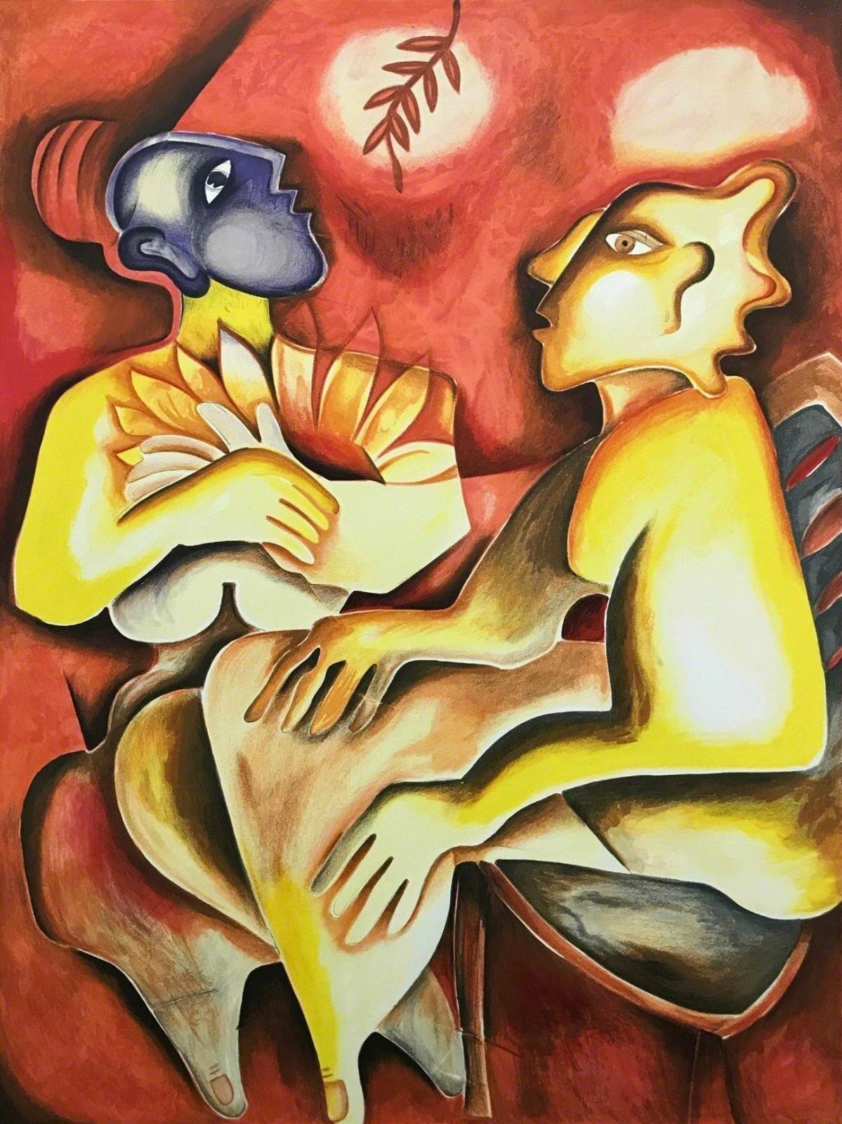 A painting of a man and a woman sitting on a chair.