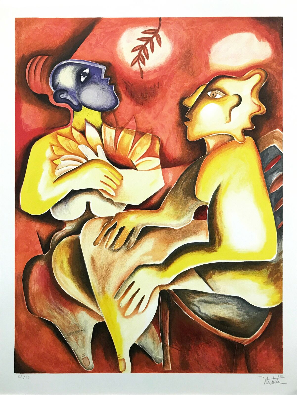 A painting of a man and a woman sitting on a chair.