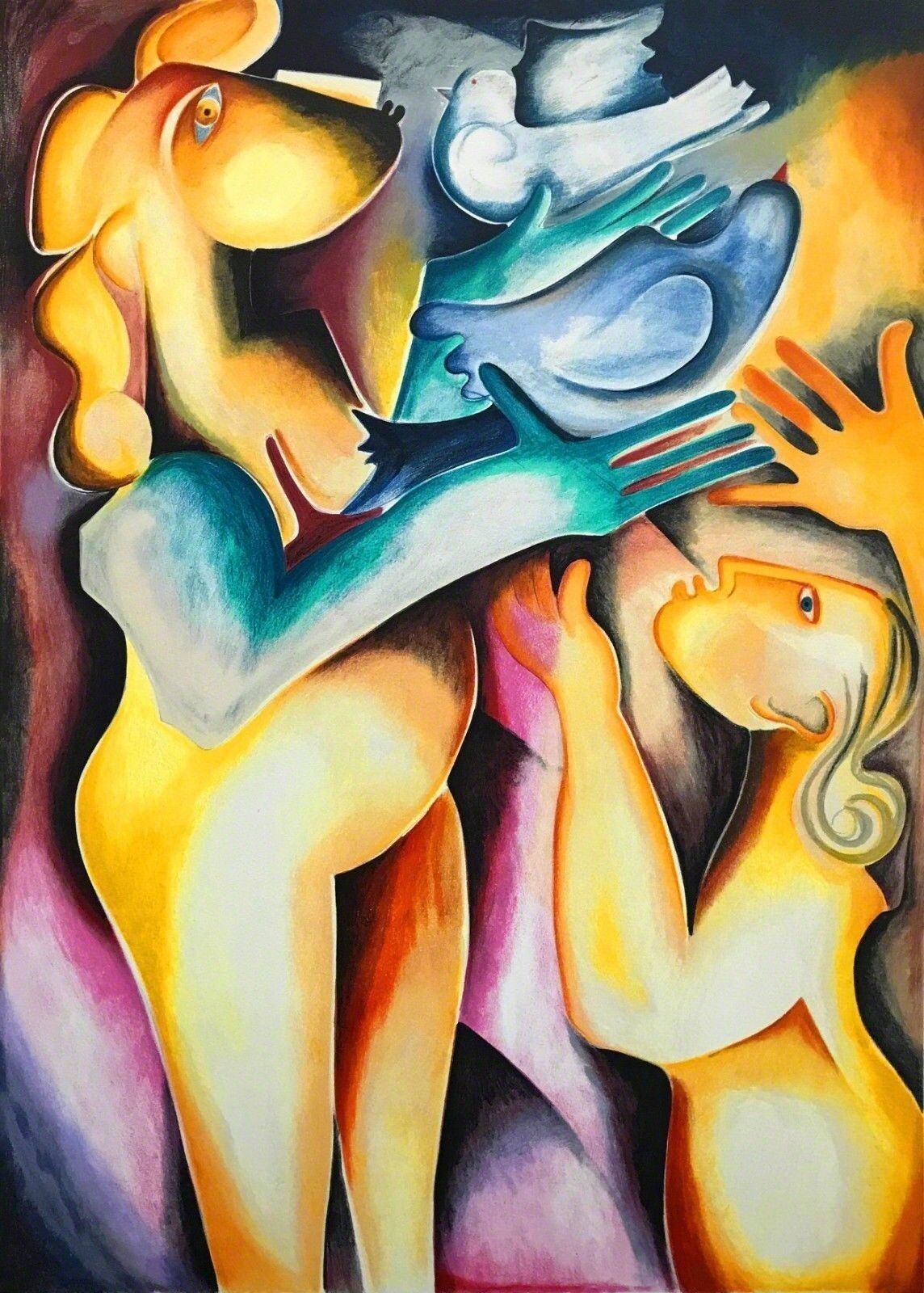 A painting of a woman holding a bird in her hand.