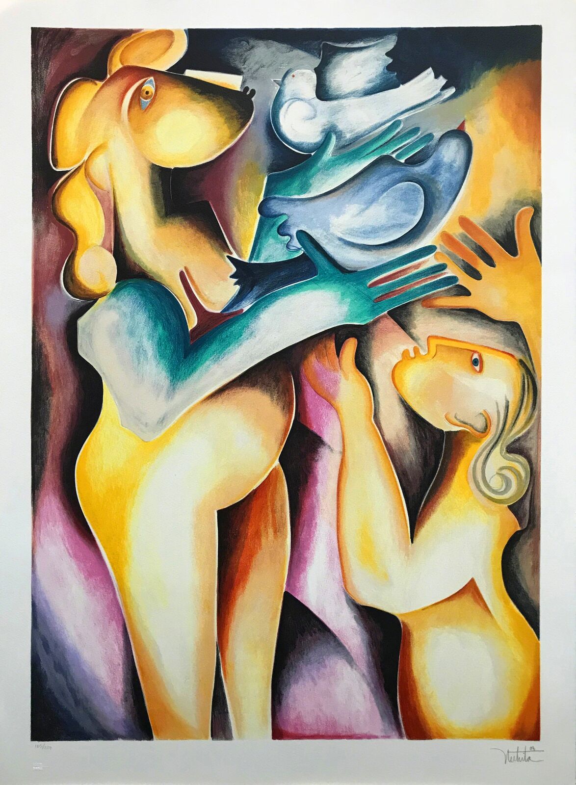 A painting of a woman holding a bird in her hand.