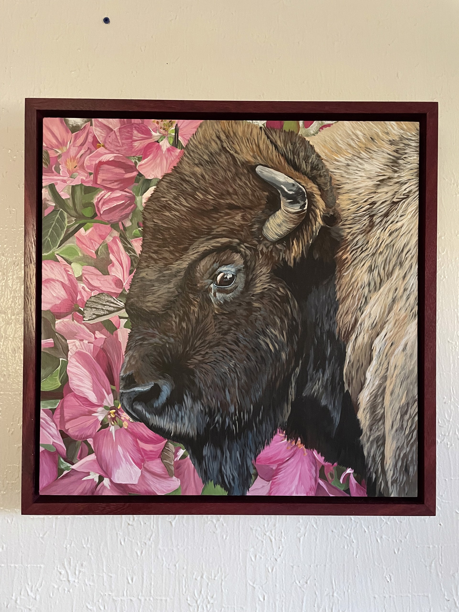 A painting of a bison in a field of pink flowers.