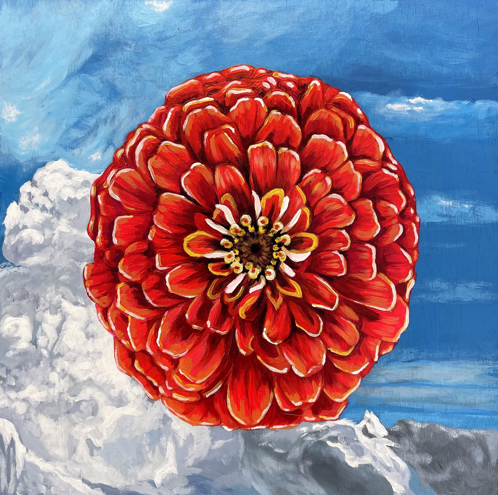 A painting of a red flower on a blue background.