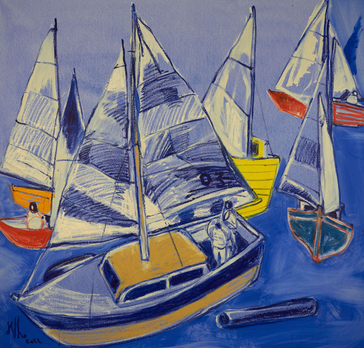 A painting of a group of sailboats in the water.