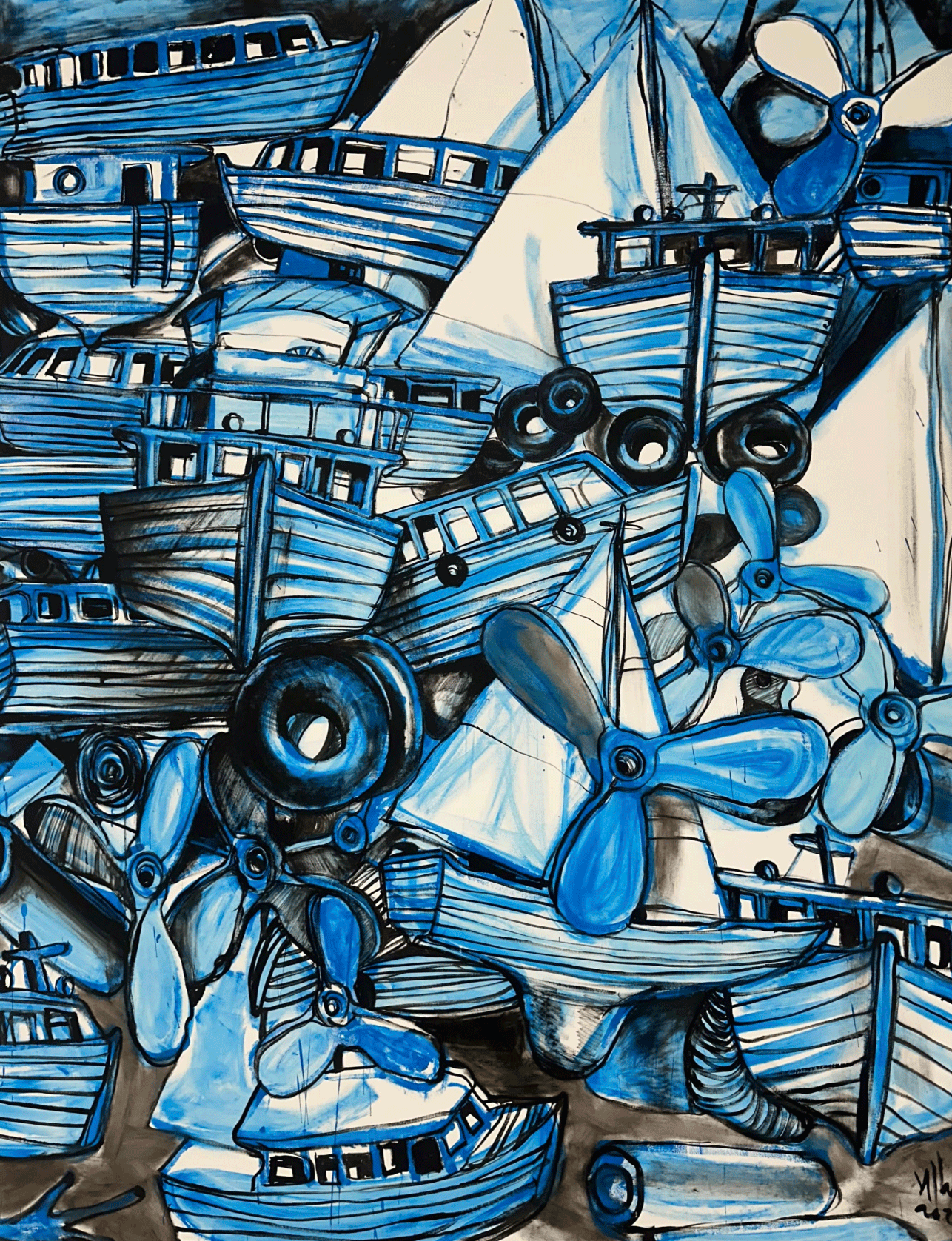 A painting of a bunch of boats and propellers on a table.