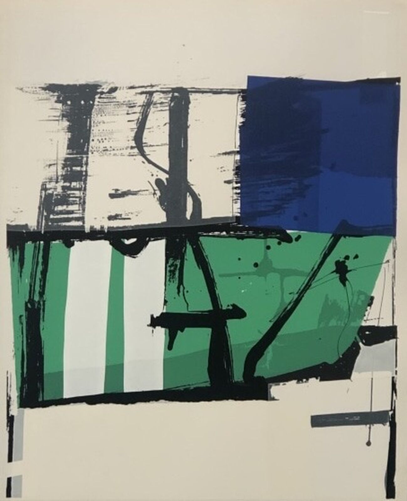 A painting with blue, green, and black paint on a white background.