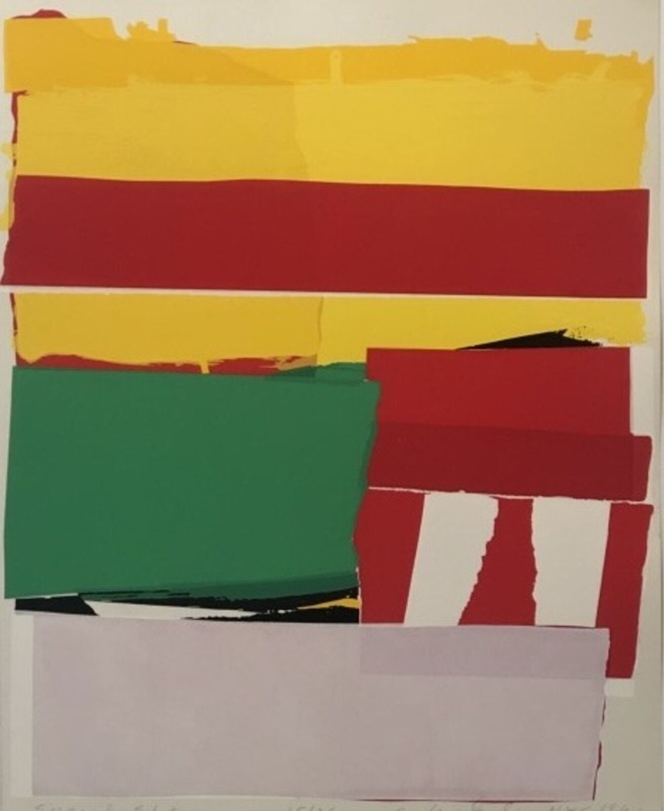 A painting with blue, green, and black paint on a white background.