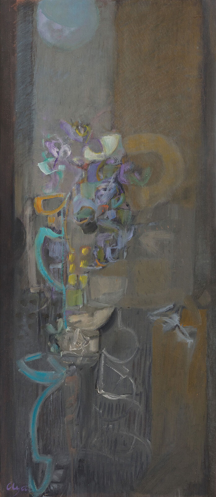 A painting of flowers in a vase on a table.