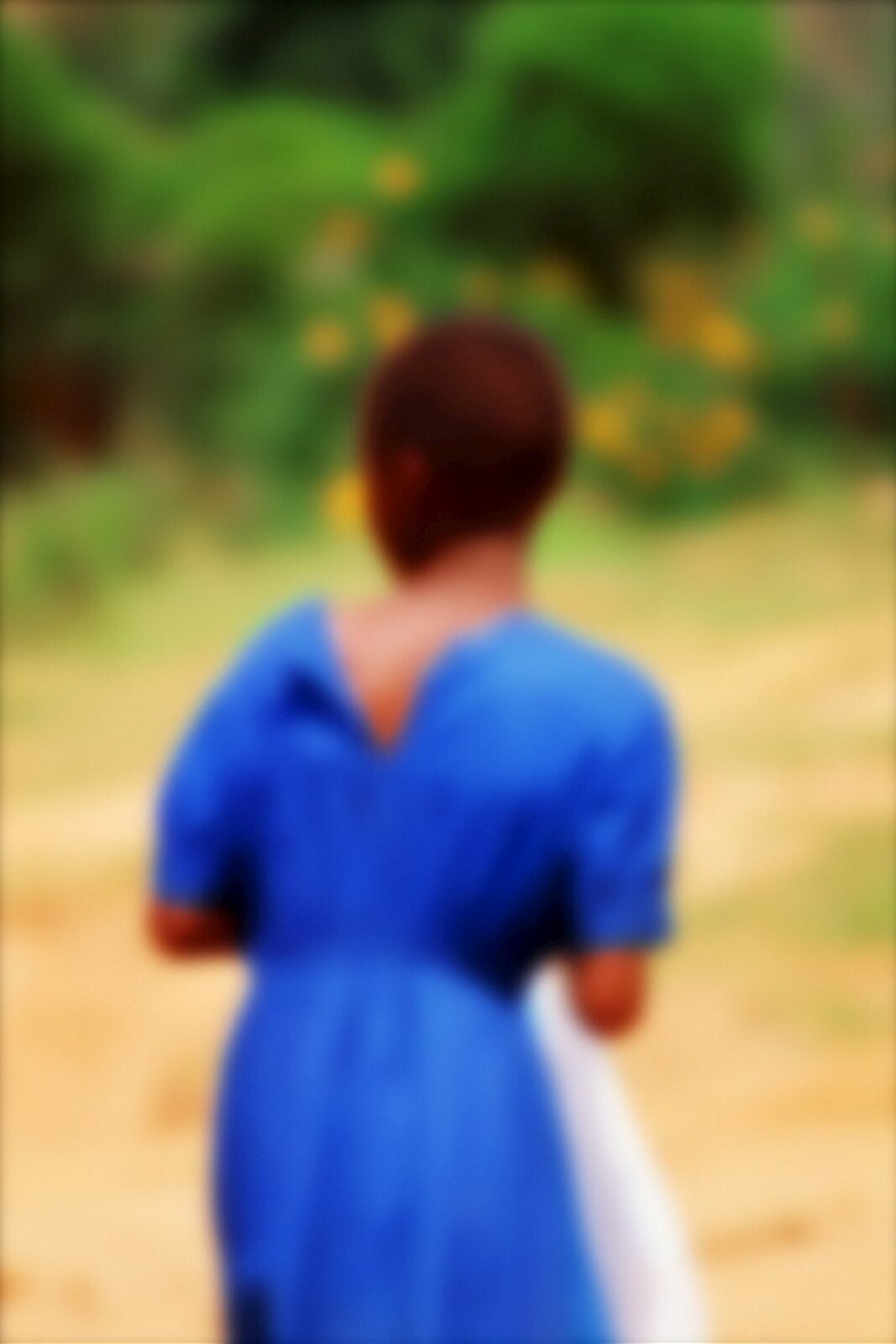 A blurred figure in a blue dress stands with back to the camera, gazing into a soft-focus natural setting.