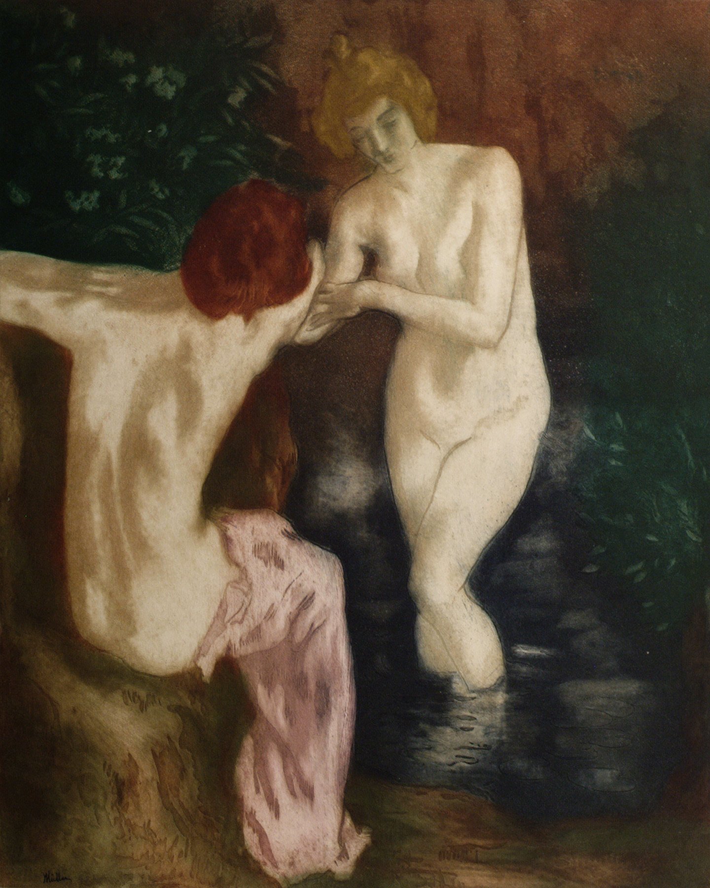 A painting of two nudes in a body of water.