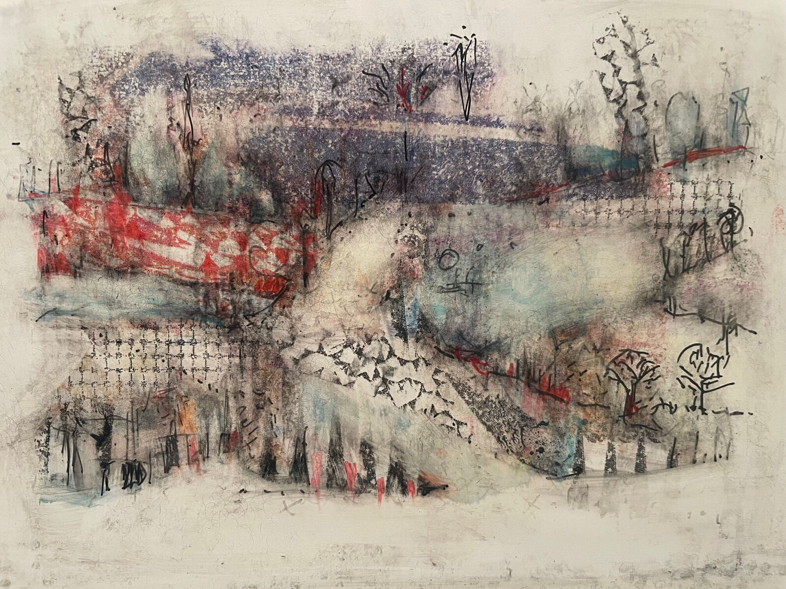 A drawing of a landscape with trees and buildings.