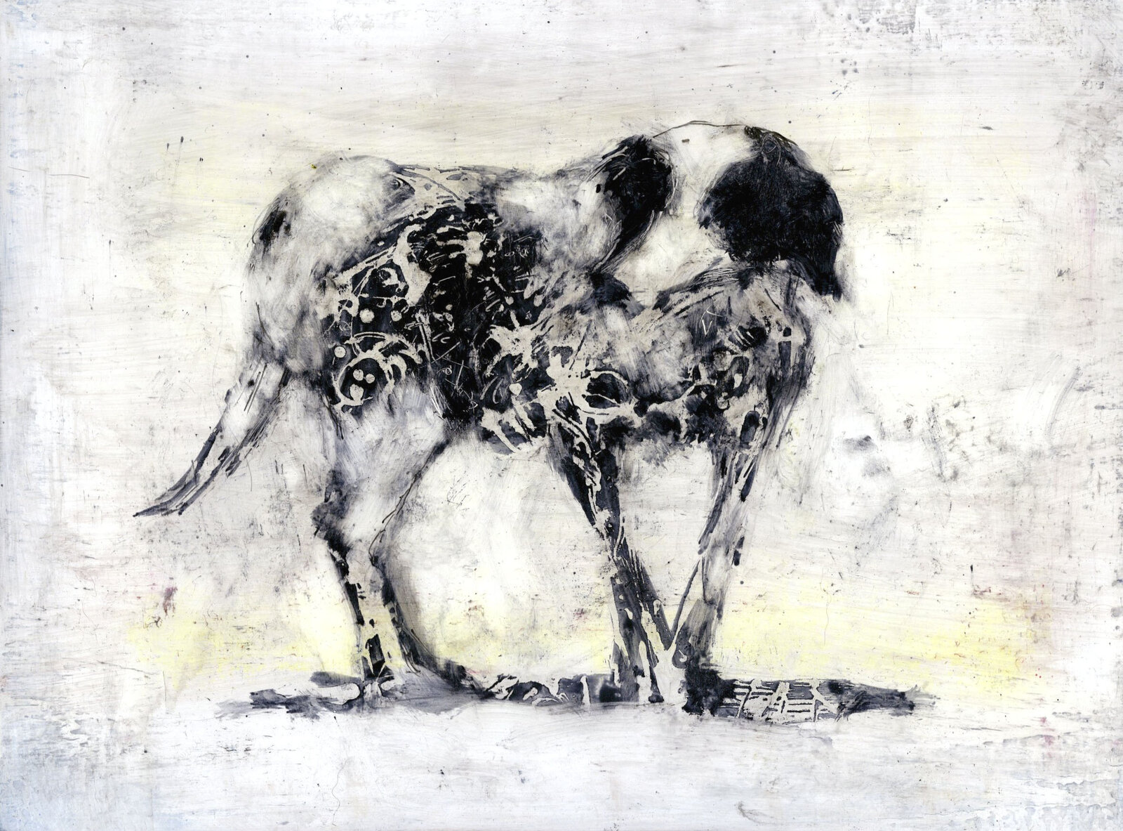 A black and white drawing of a dog on a white background.