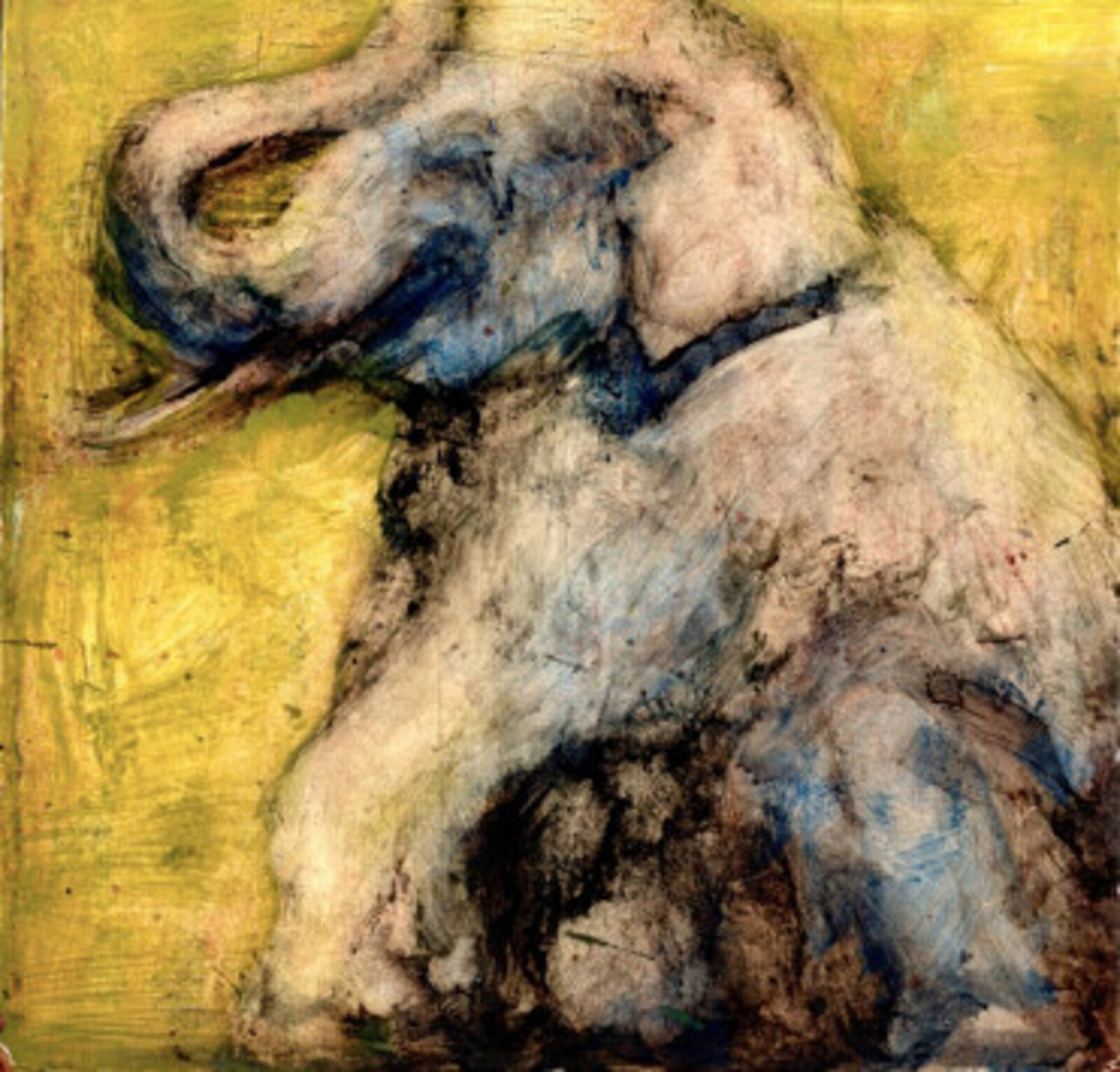 A painting of an elephant on a yellow background.