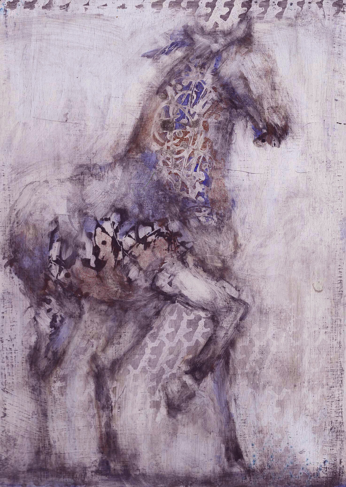 A painting of a horse with a pattern on it's back.