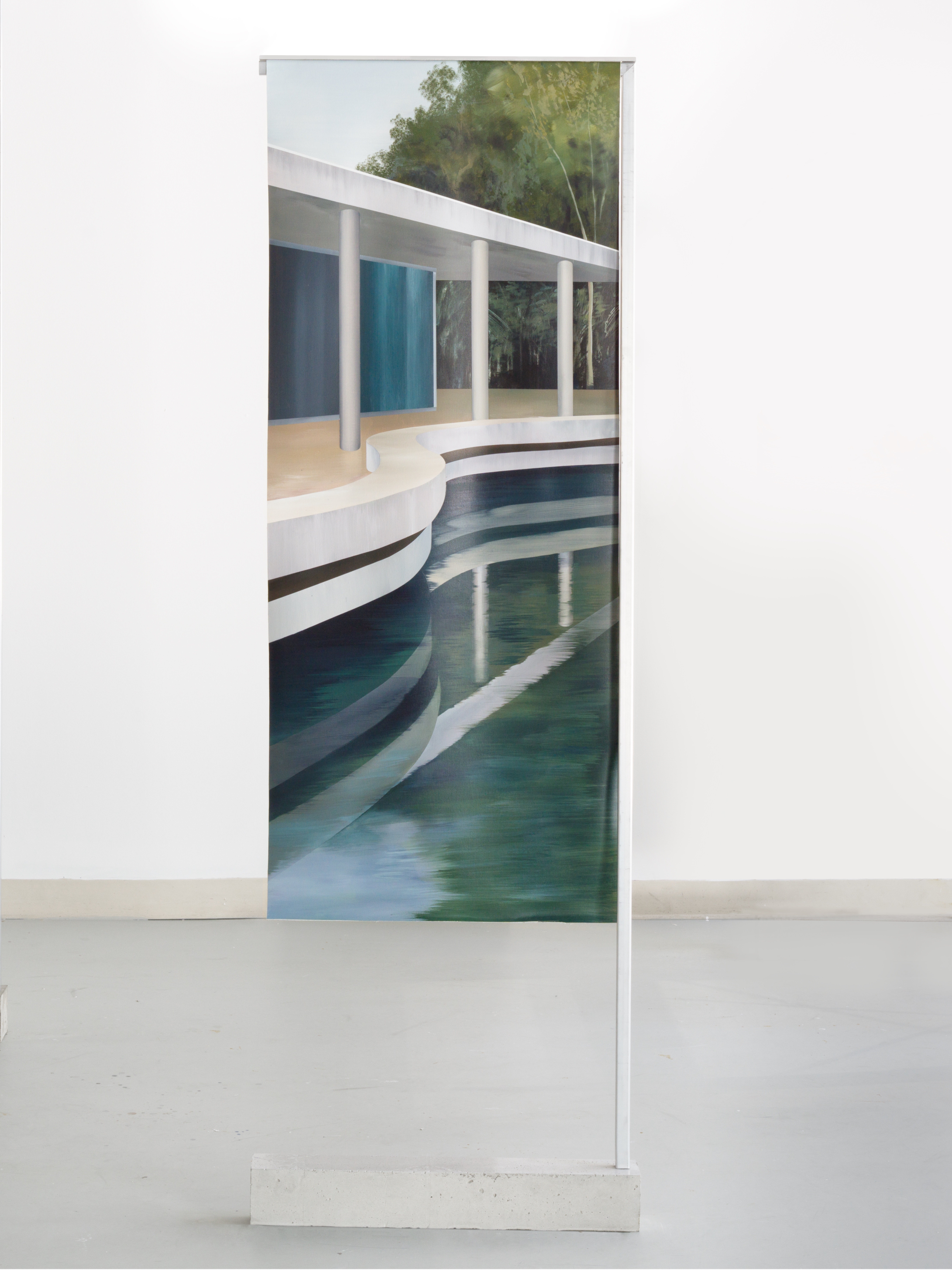 A painting of a pool in a white room with a white wall.