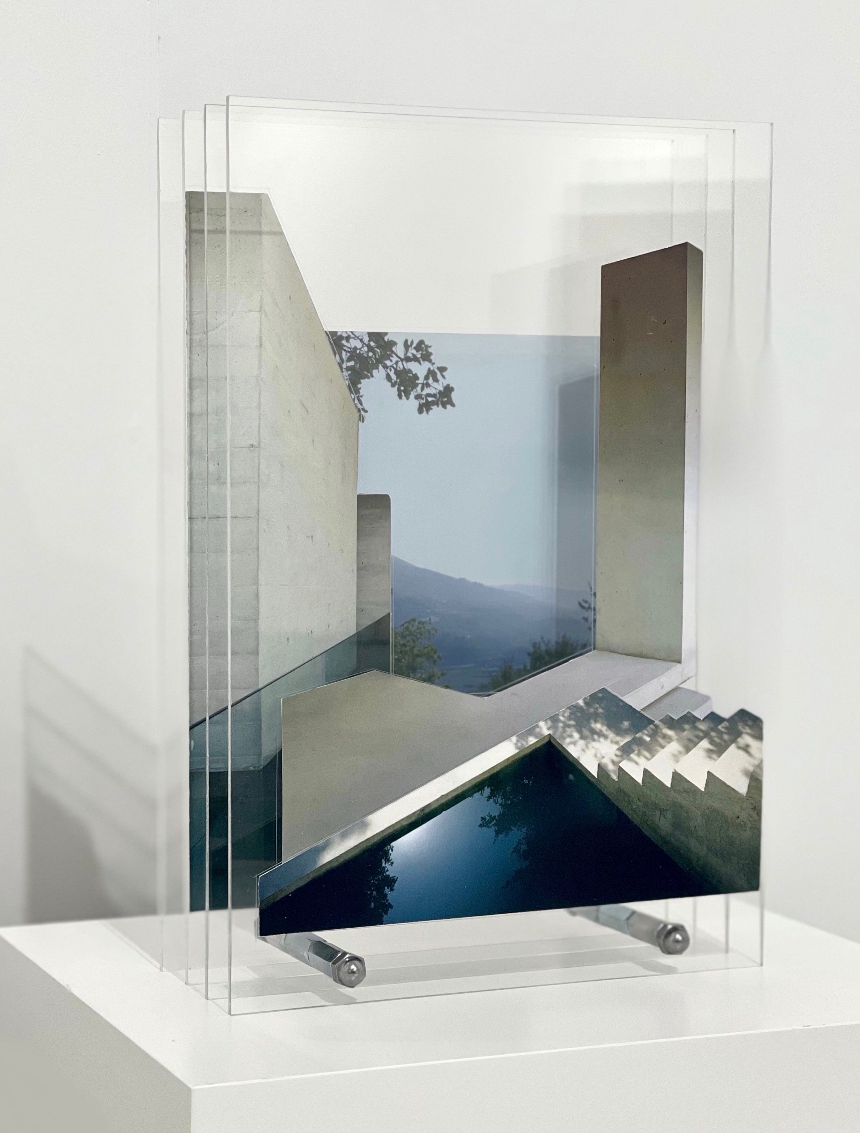 Artwork by Aline Setton, Espelho d’Água, Made of Collage on plexiglass and steel hardware 