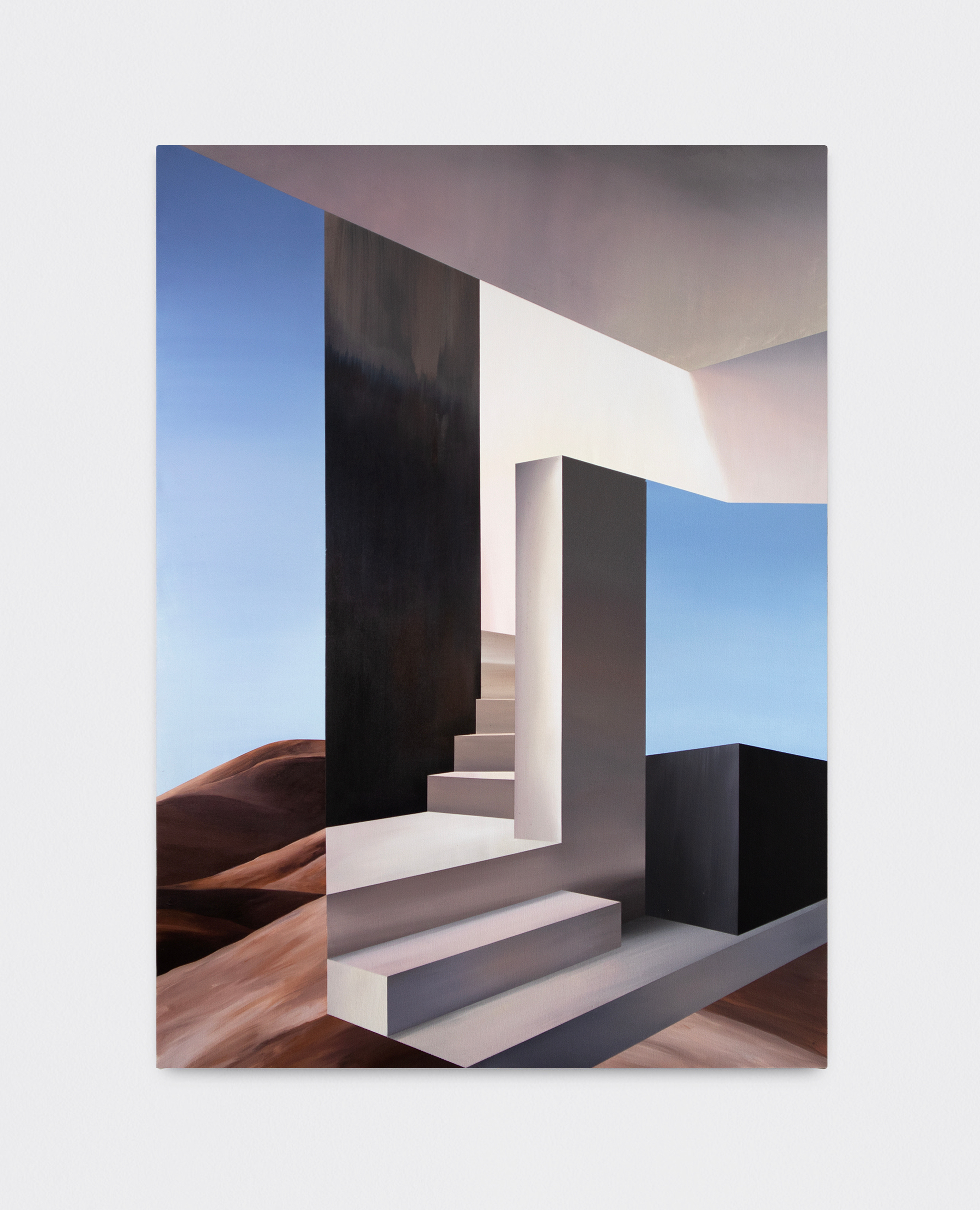 A painting of a stairway leading up to a building.