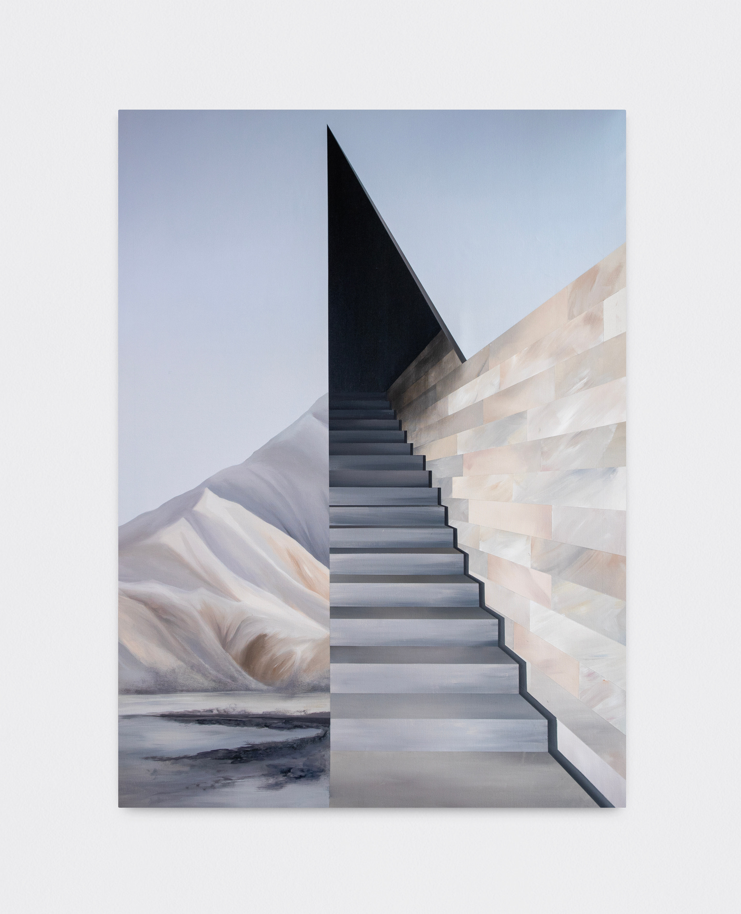 A painting of a stairway leading up to a mountain.