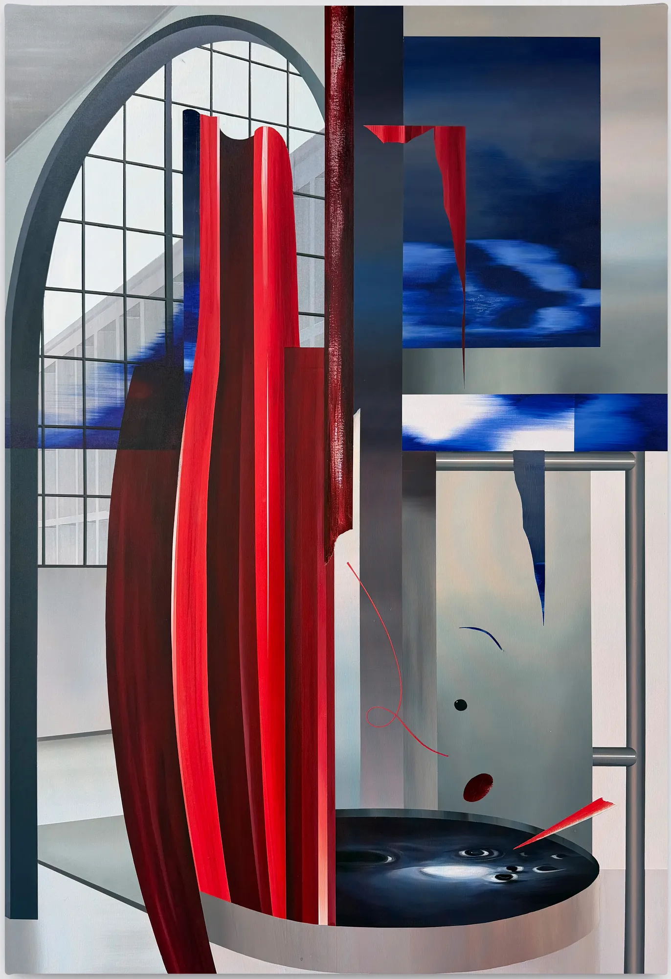 A painting of a red curtain in front of a window.
