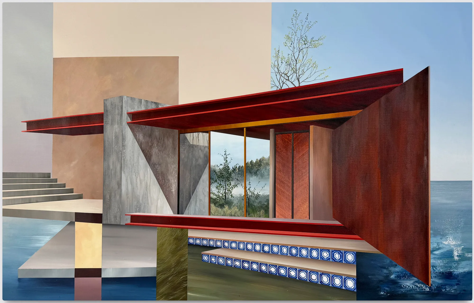 A painting of a house by the water with stairs leading up to it.